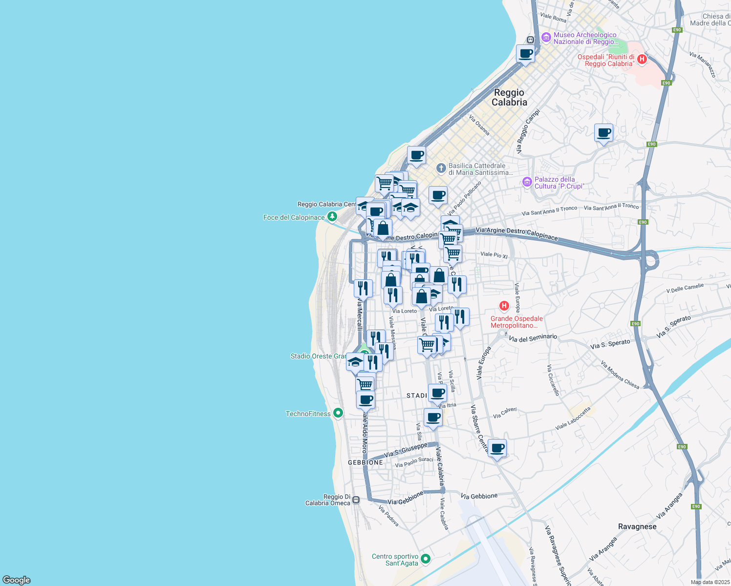 map of restaurants, bars, coffee shops, grocery stores, and more near 27 Viale Galileo Galilei in Reggio Calabria