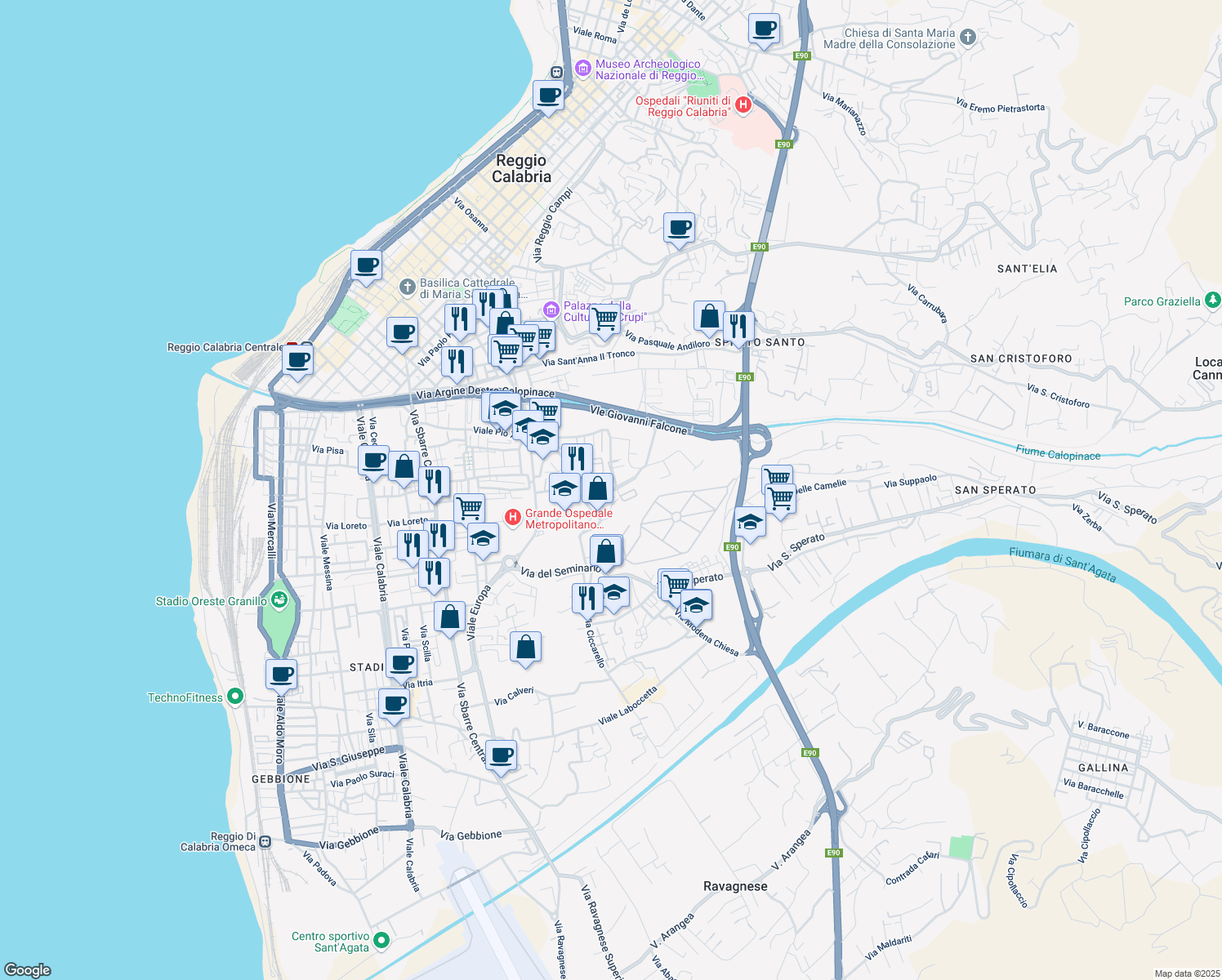 map of restaurants, bars, coffee shops, grocery stores, and more near Diramazione Gulli in Reggio Calabria