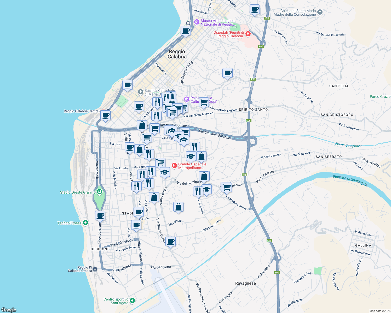 map of restaurants, bars, coffee shops, grocery stores, and more near Diramazione Gulli in Reggio Calabria