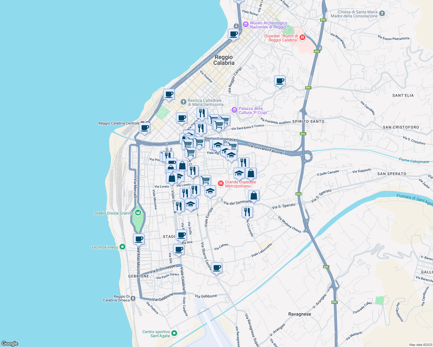 map of restaurants, bars, coffee shops, grocery stores, and more near 26a Diramazione Marconi in Reggio Calabria