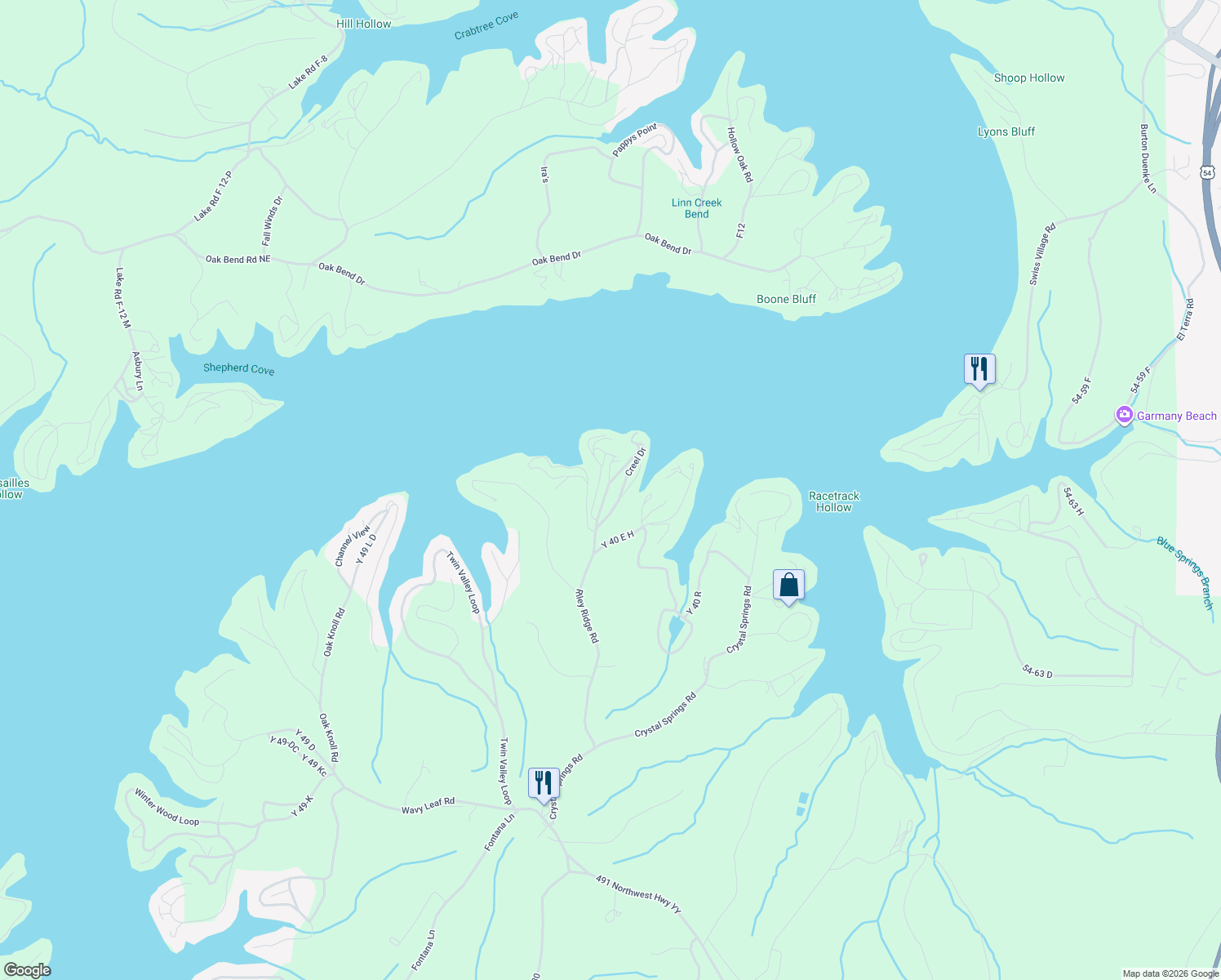 map of restaurants, bars, coffee shops, grocery stores, and more near Creel Drive in Linn Creek