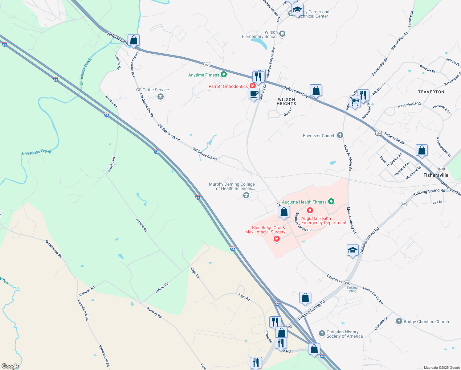 map of restaurants, bars, coffee shops, grocery stores, and more near 80 Goose Point Lane in Fishersville