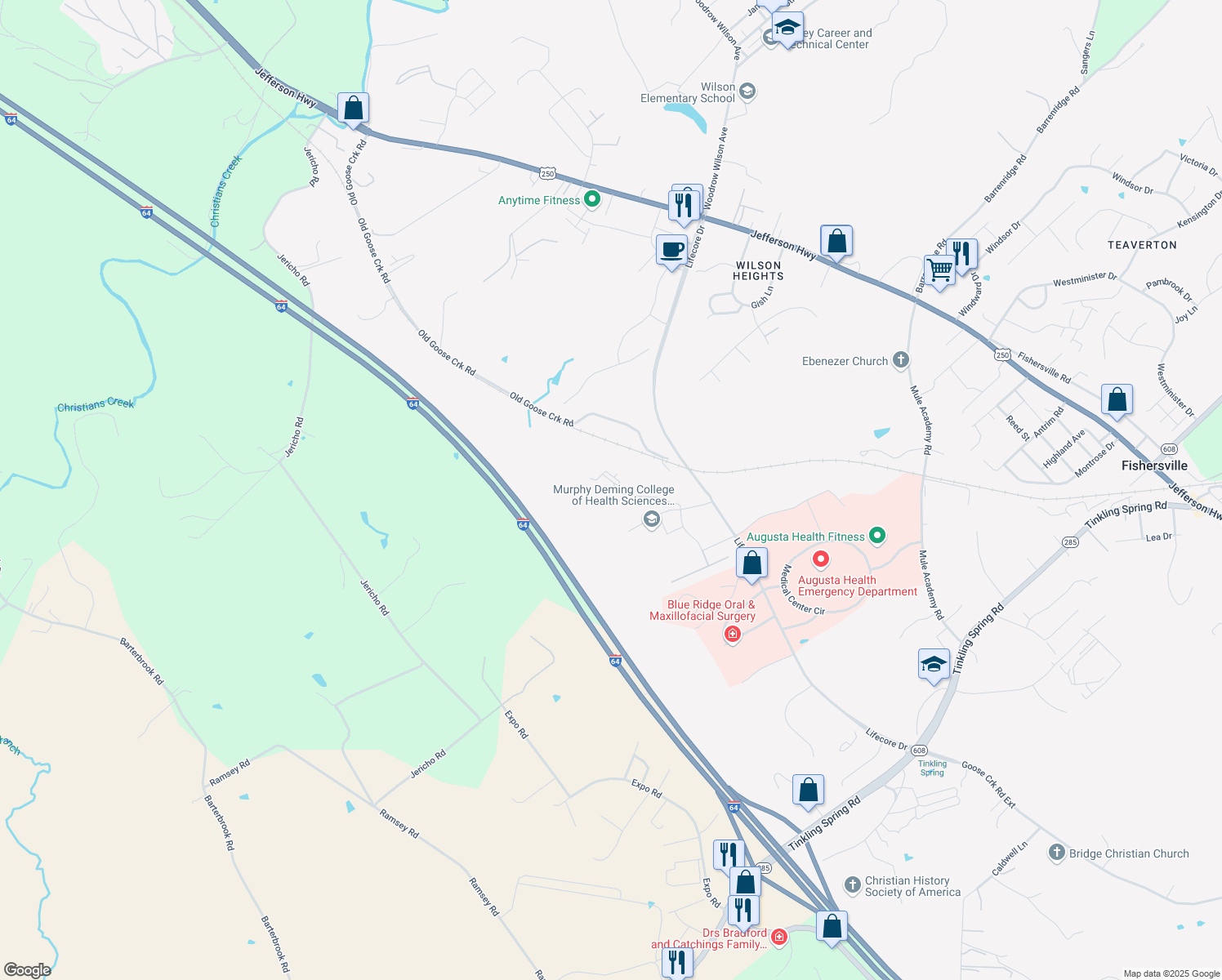 map of restaurants, bars, coffee shops, grocery stores, and more near 80 Goose Point Lane in Fishersville