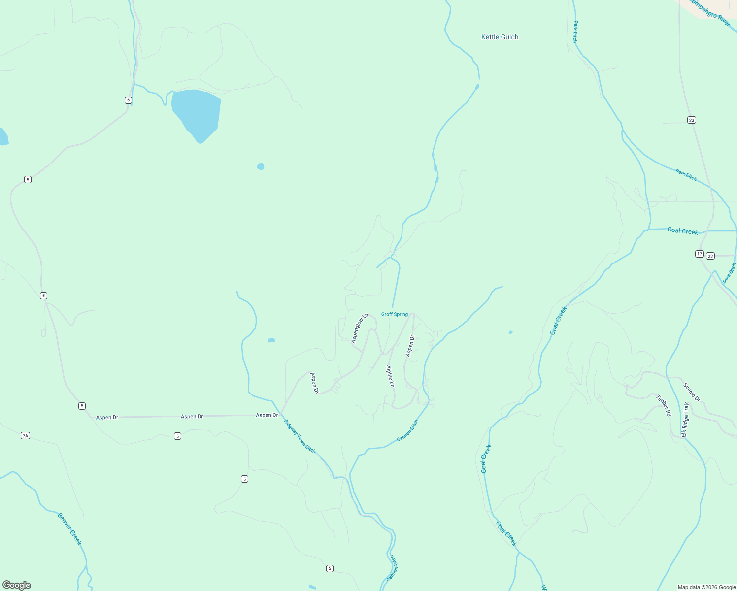 map of restaurants, bars, coffee shops, grocery stores, and more near 44 Spruce Lane in Ridgway