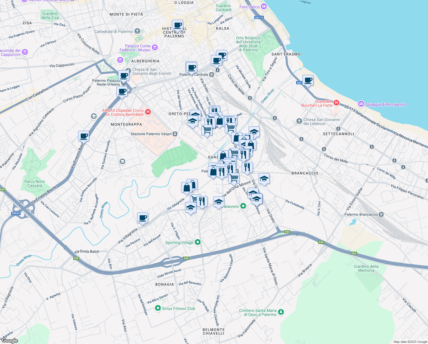 map of restaurants, bars, coffee shops, grocery stores, and more near Via Giovanni Gentile in Palermo