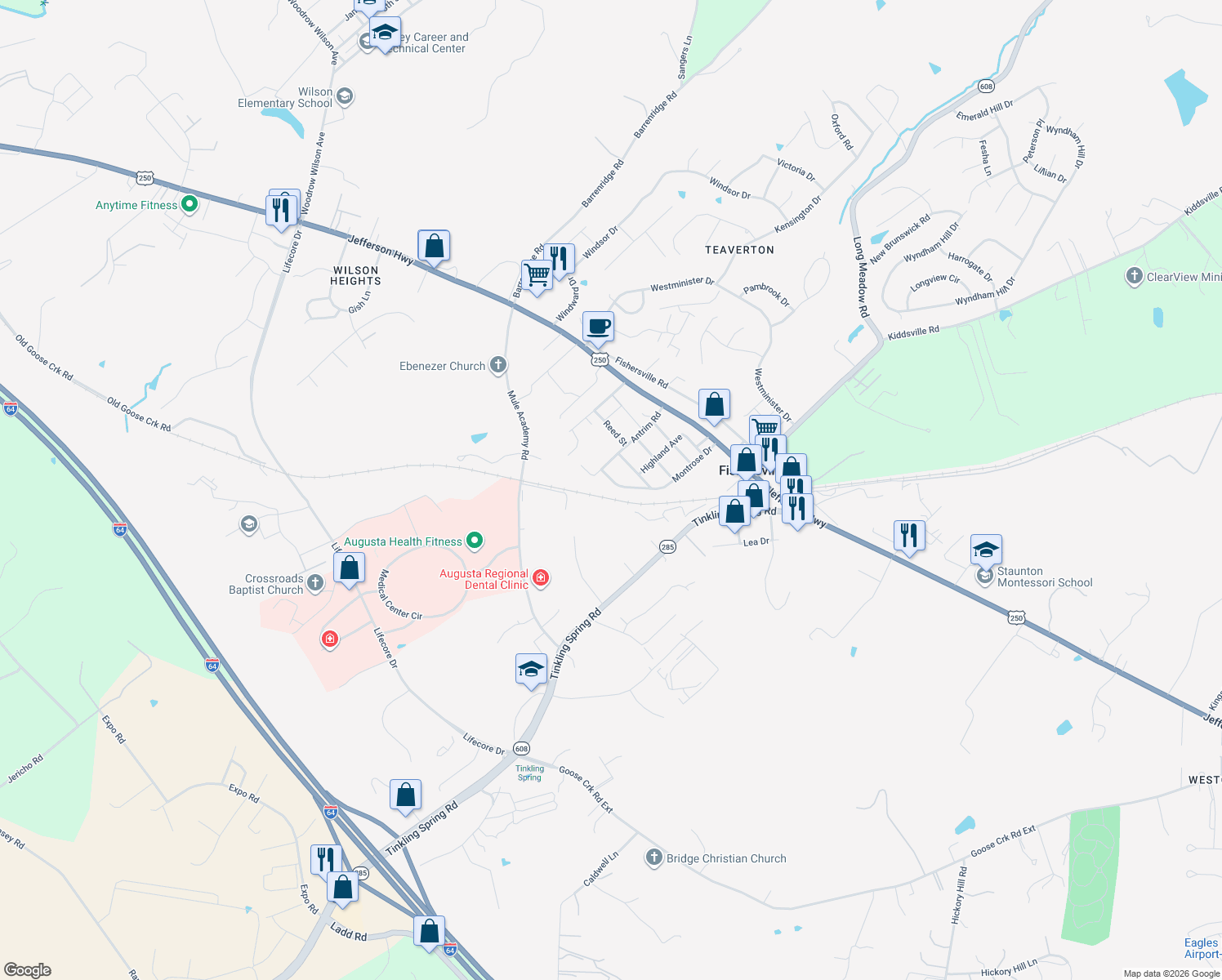 map of restaurants, bars, coffee shops, grocery stores, and more near 138 Montrose Drive in Fishersville