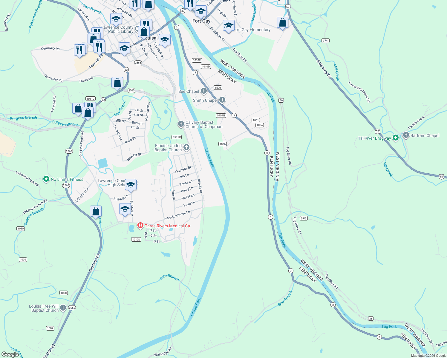 map of restaurants, bars, coffee shops, grocery stores, and more near Old River Road in Louisa