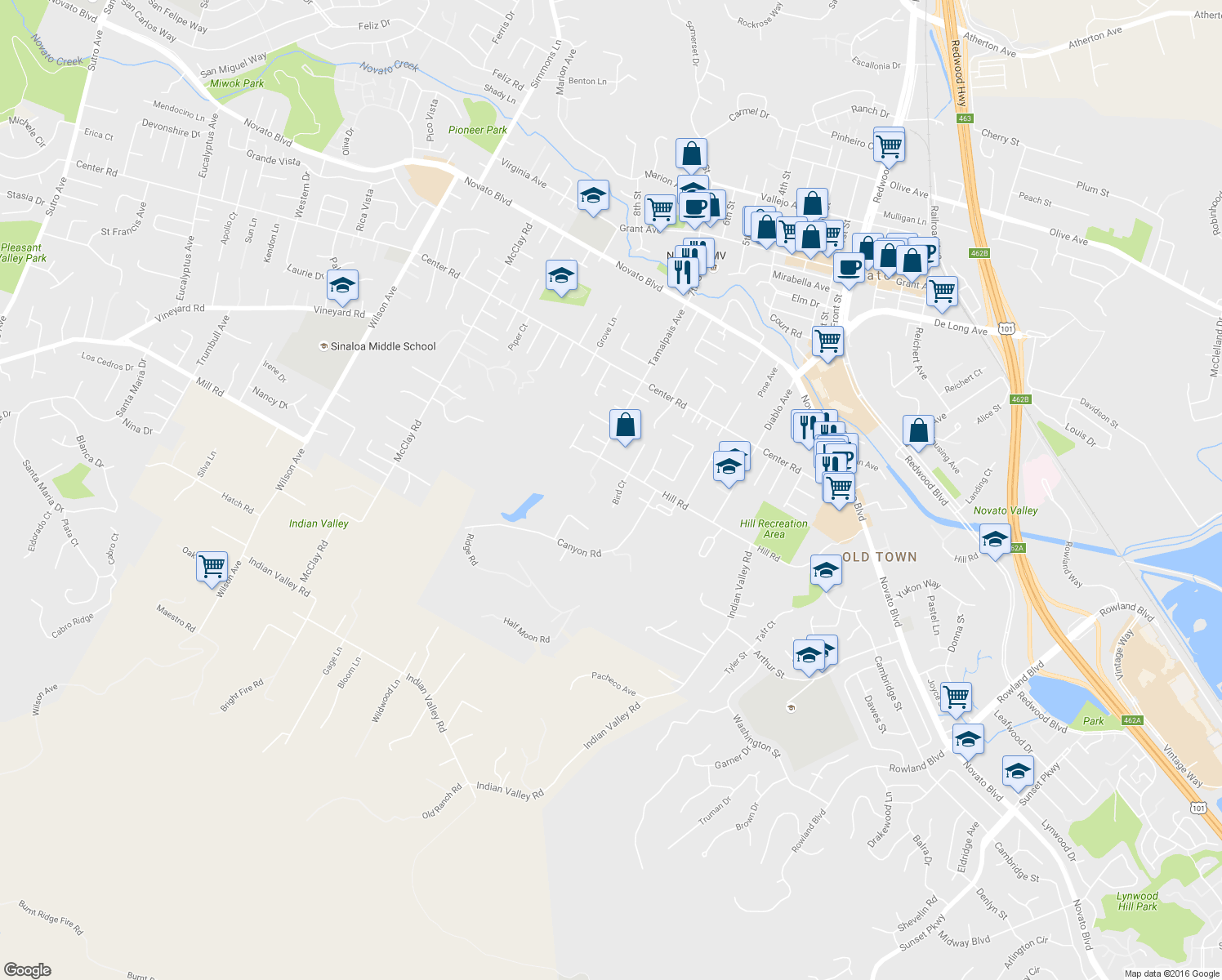 map of restaurants, bars, coffee shops, grocery stores, and more near 682 Bird Ct in Novato