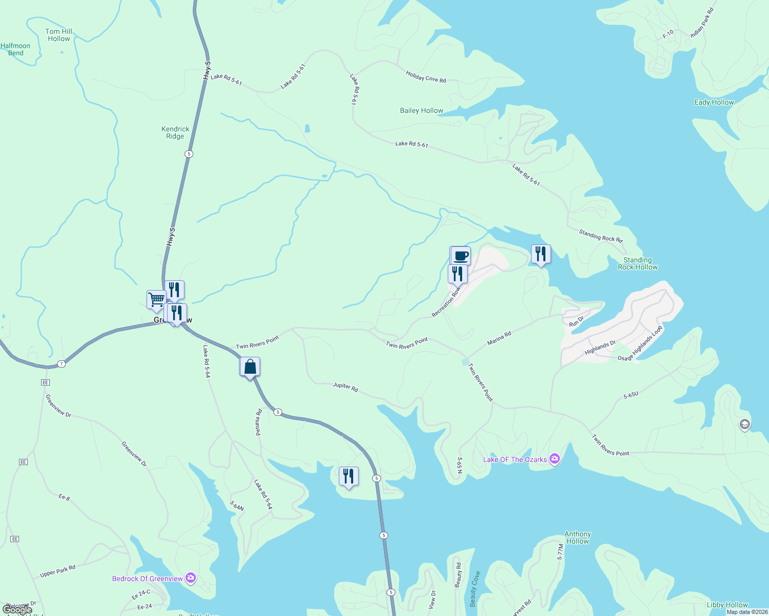 map of restaurants, bars, coffee shops, grocery stores, and more near 1-1099 Laurie Lane in Camdenton