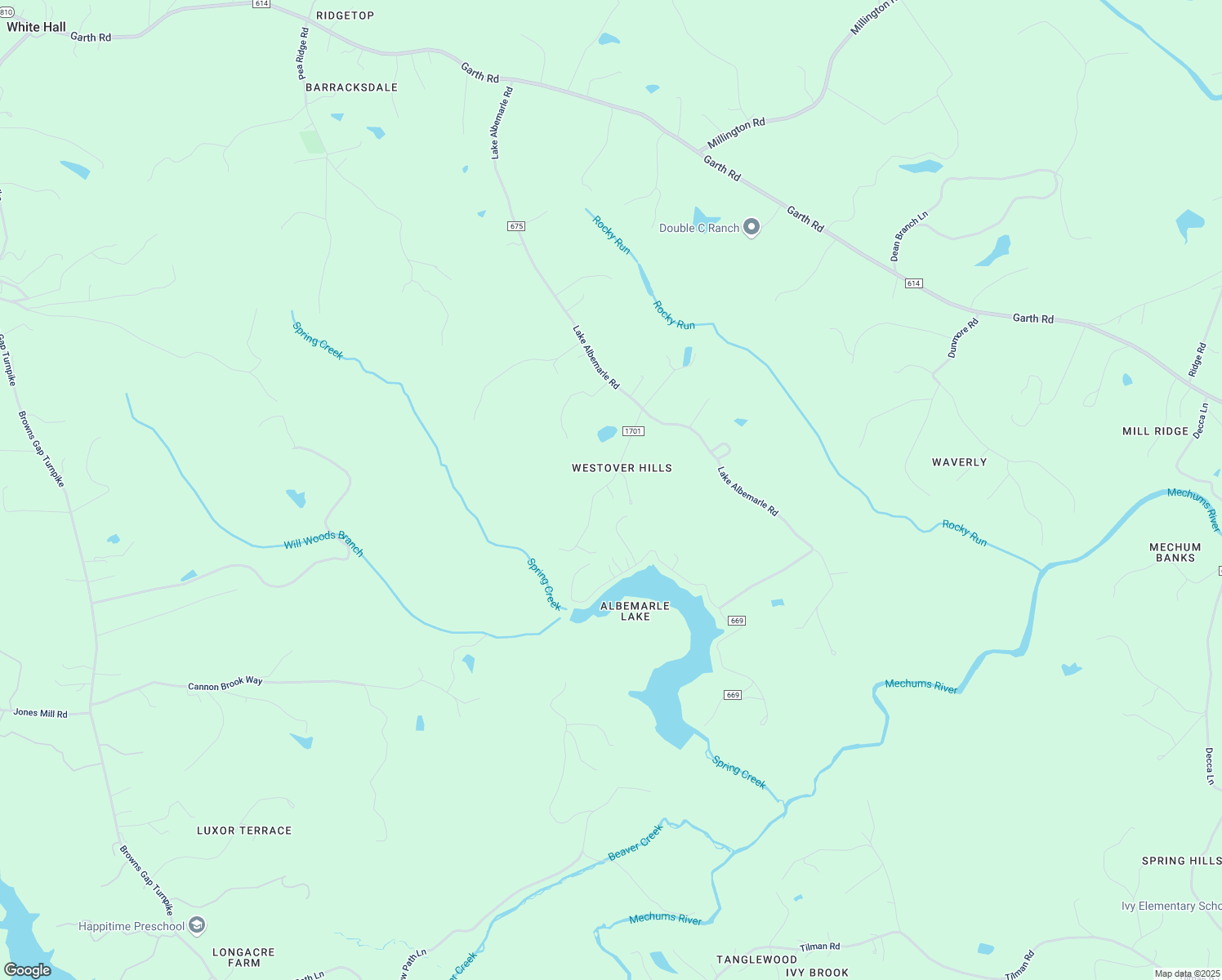 map of restaurants, bars, coffee shops, grocery stores, and more near 2275 Westover Drive in Charlottesville