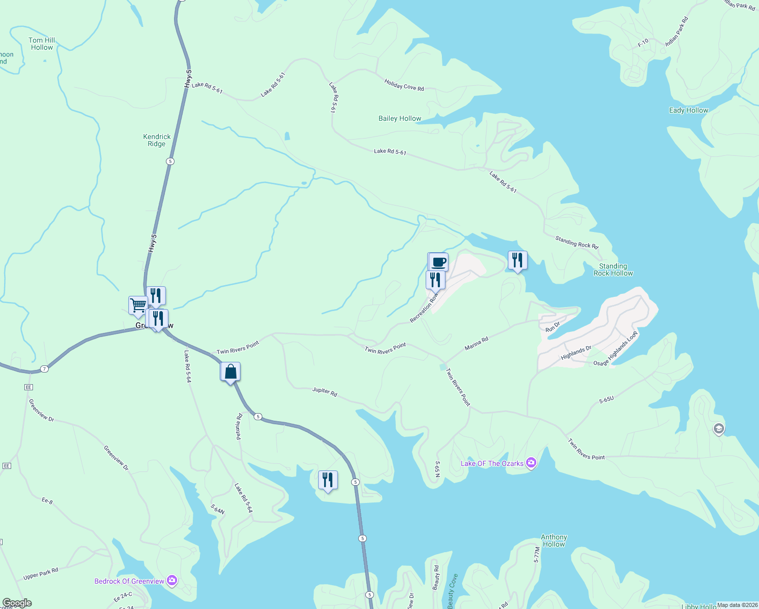 map of restaurants, bars, coffee shops, grocery stores, and more near 1099 Laurie Lane in Camdenton