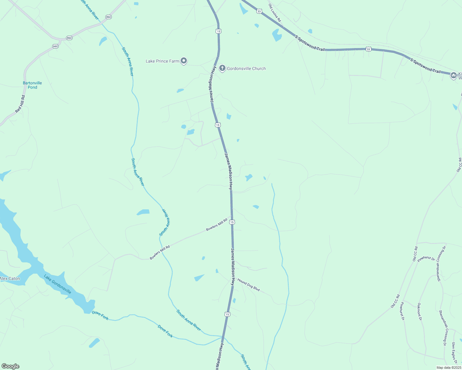 map of restaurants, bars, coffee shops, grocery stores, and more near 2289 James Madison Hwy in Gordonsville