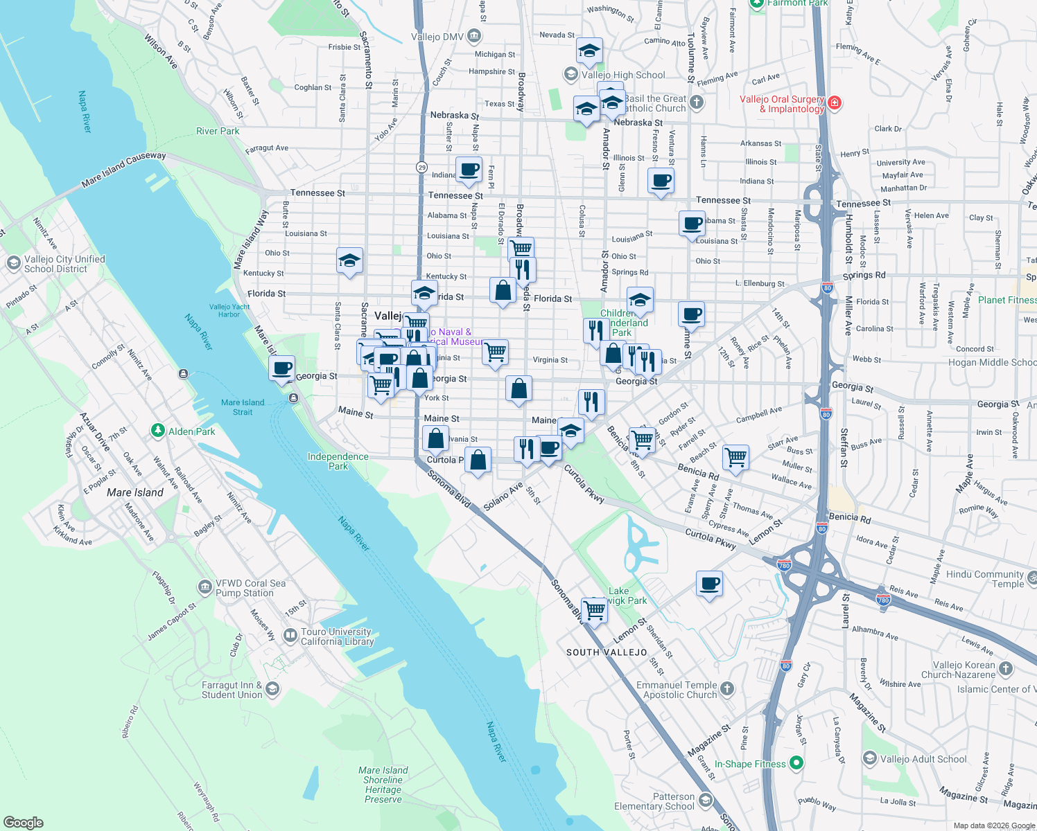 map of restaurants, bars, coffee shops, grocery stores, and more near 738 Maine Street in Vallejo
