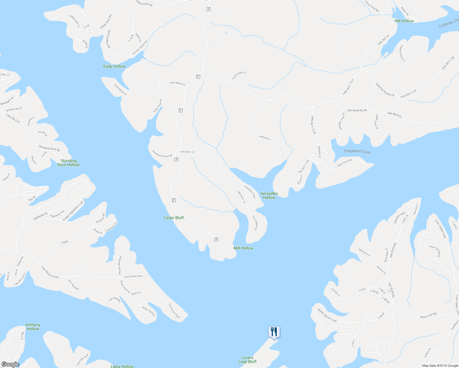 map of restaurants, bars, coffee shops, grocery stores, and more near Four Waters Drive in Sunrise Beach