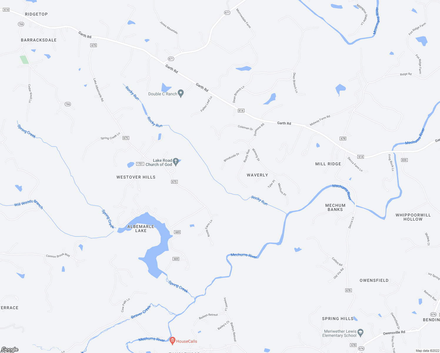 map of restaurants, bars, coffee shops, grocery stores, and more near 3395 Brookside Drive in Charlottesville