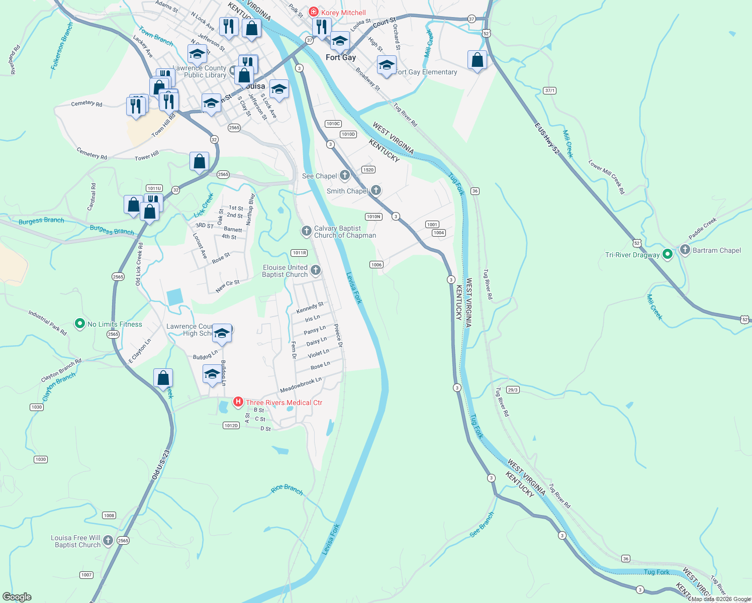 map of restaurants, bars, coffee shops, grocery stores, and more near Old River Road in Louisa