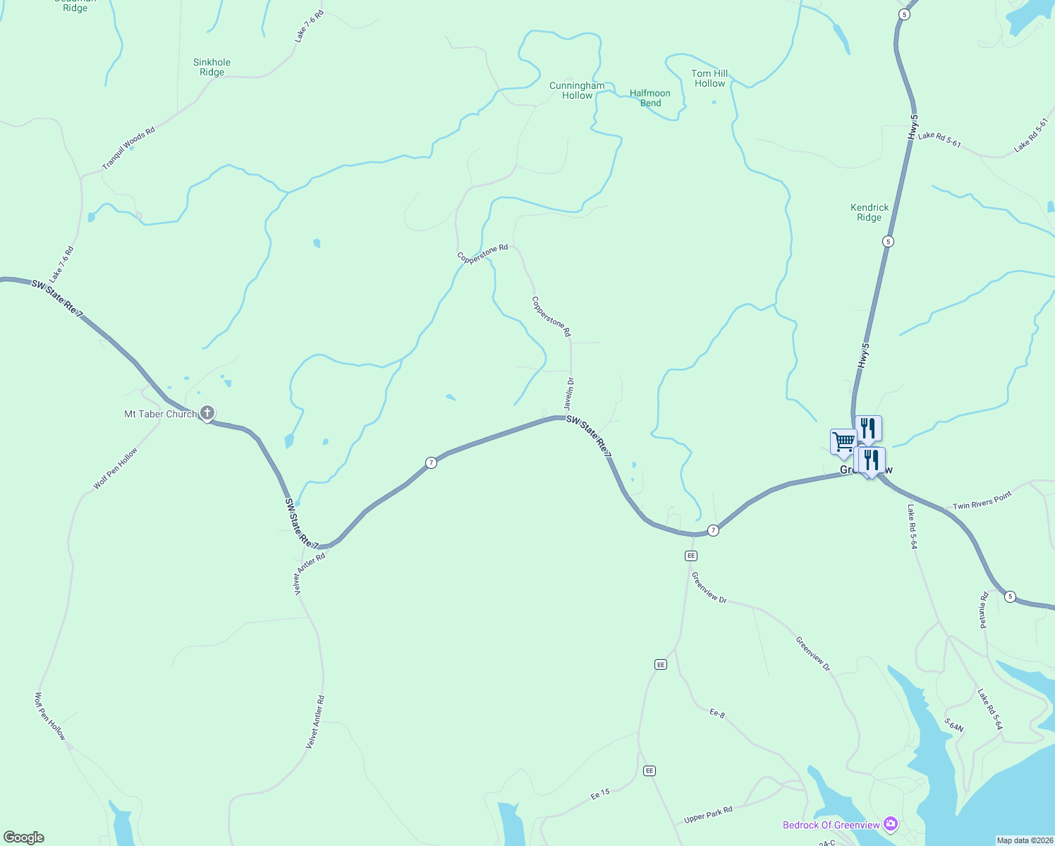 map of restaurants, bars, coffee shops, grocery stores, and more near Highway 7 in Camdenton