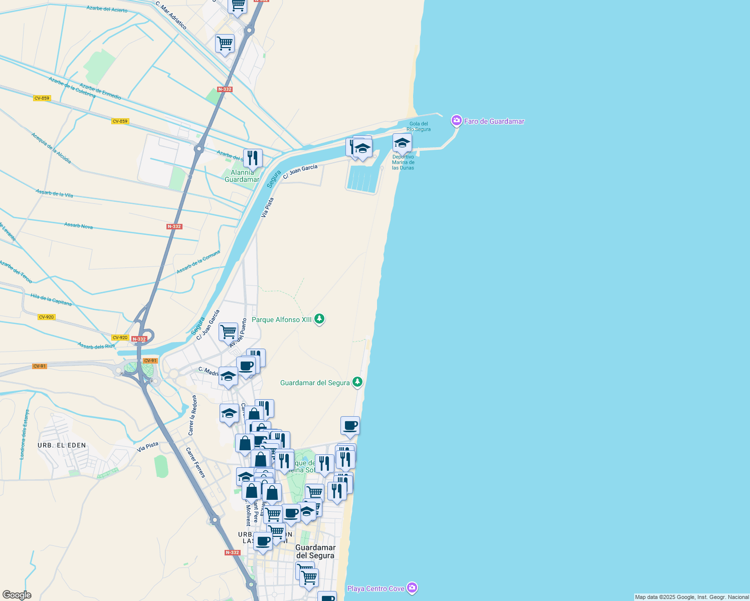 map of restaurants, bars, coffee shops, grocery stores, and more near in Guardamar del Segura