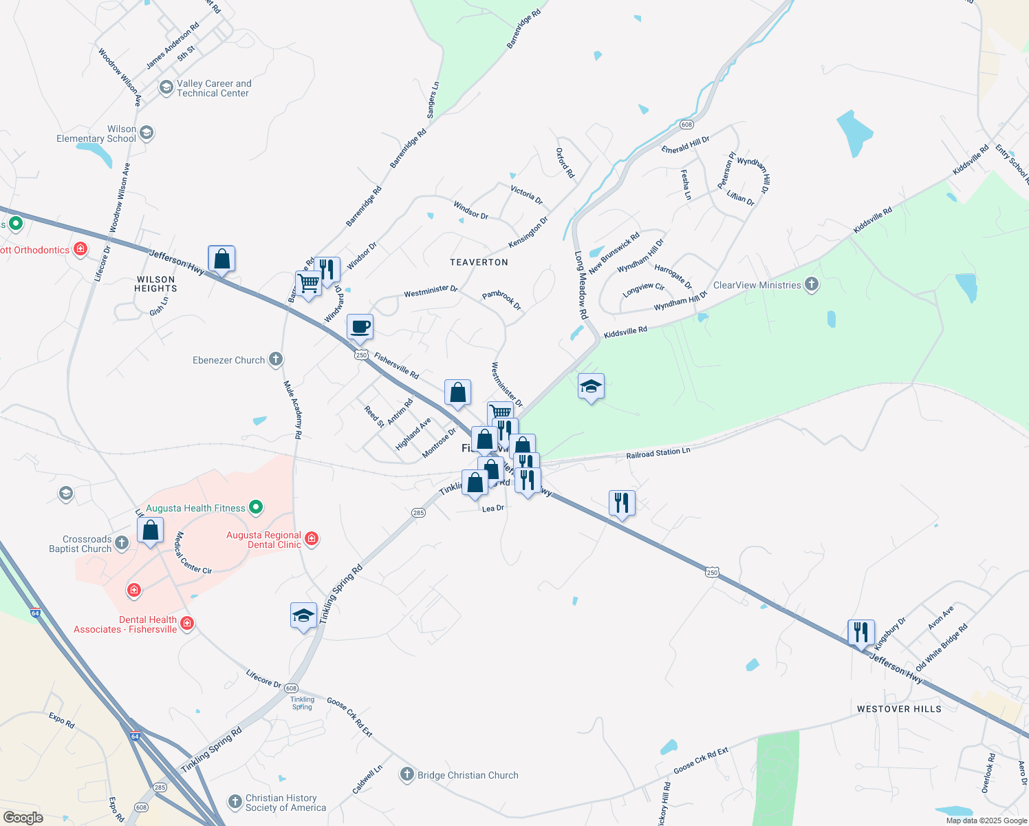 map of restaurants, bars, coffee shops, grocery stores, and more near 9 Eaton Place in Fishersville