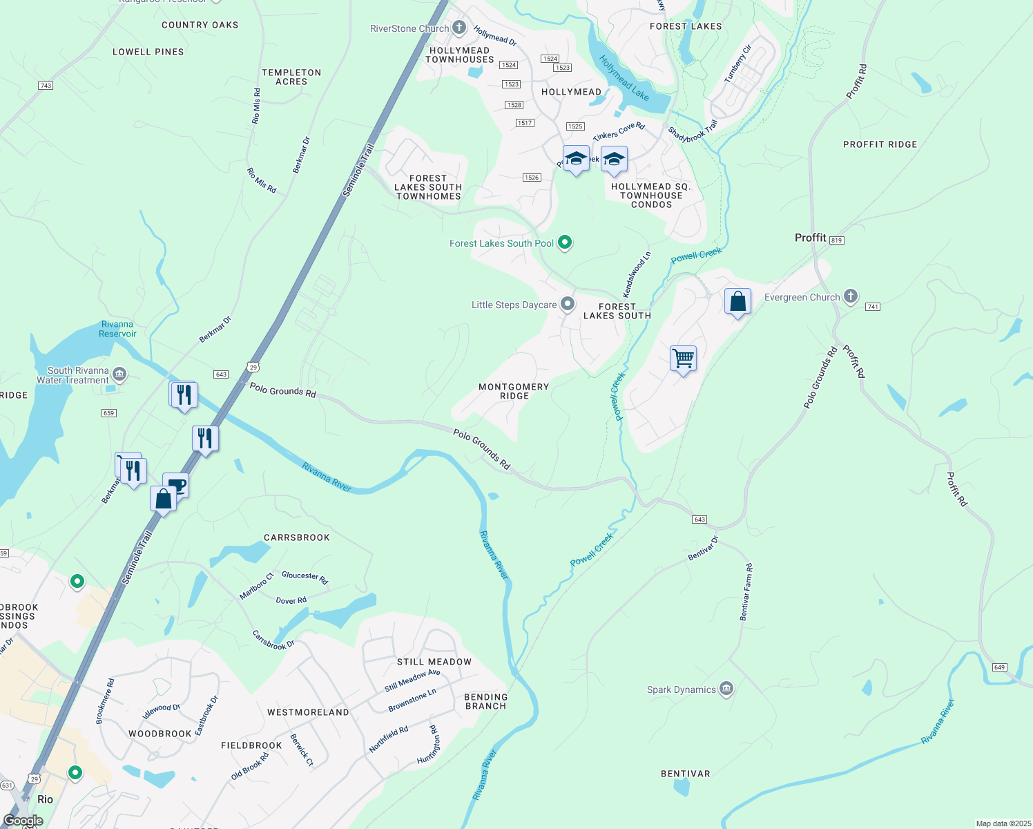 map of restaurants, bars, coffee shops, grocery stores, and more near 1823 Natali Lane in Charlottesville