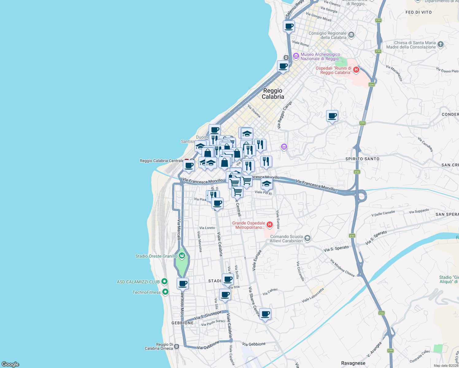 map of restaurants, bars, coffee shops, grocery stores, and more near 3 Traversa Ventunesima in Reggio Calabria