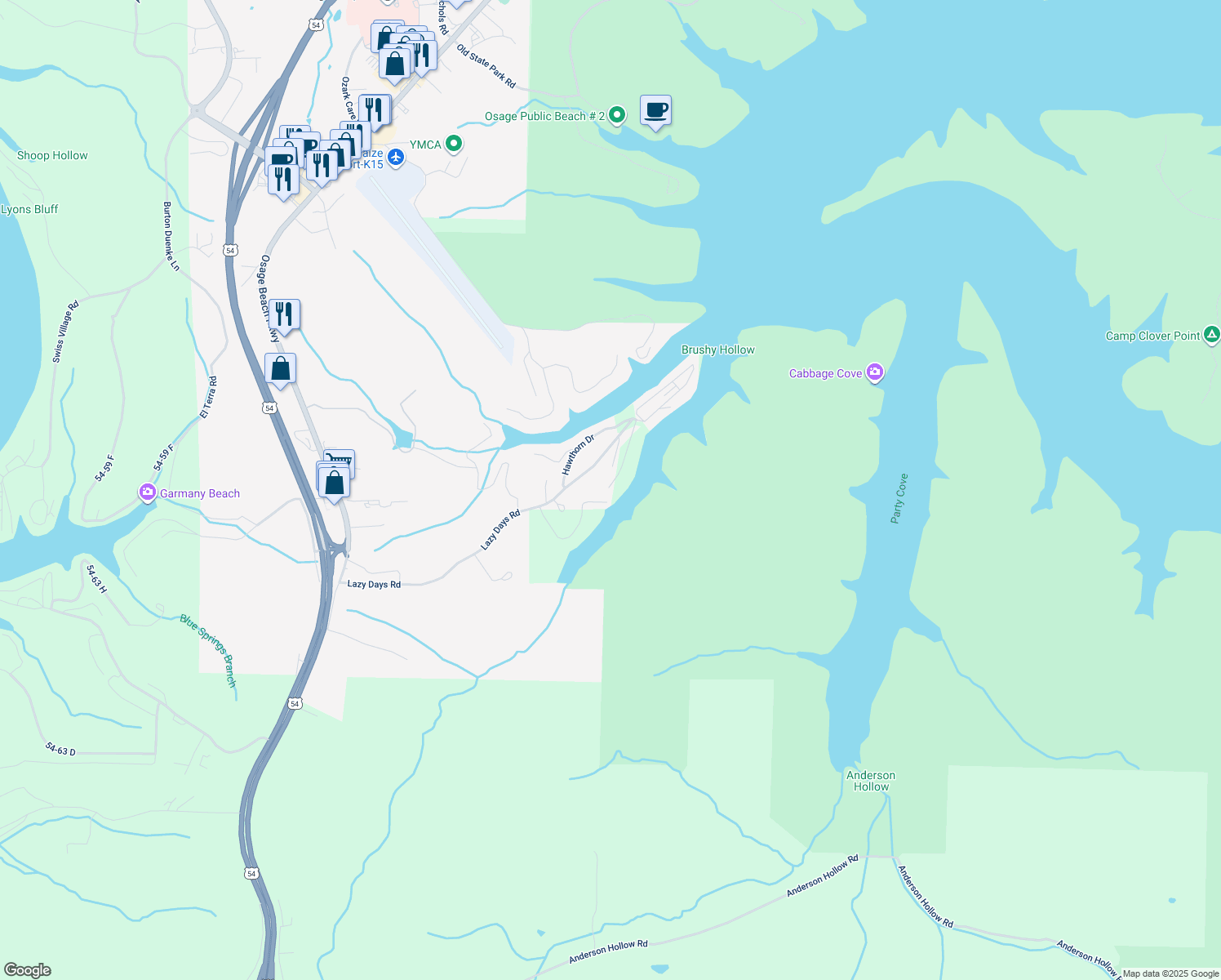 map of restaurants, bars, coffee shops, grocery stores, and more near 5765 Parkview Ct in Osage Beach