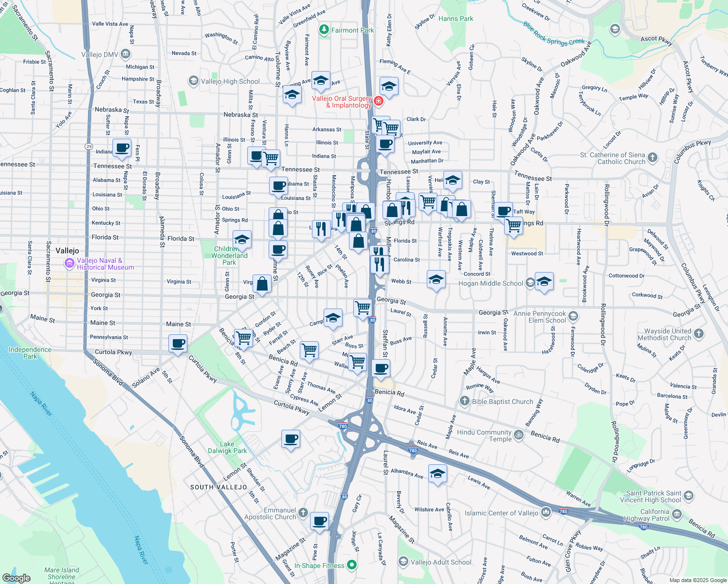 map of restaurants, bars, coffee shops, grocery stores, and more near 205 Curry Avenue in Vallejo
