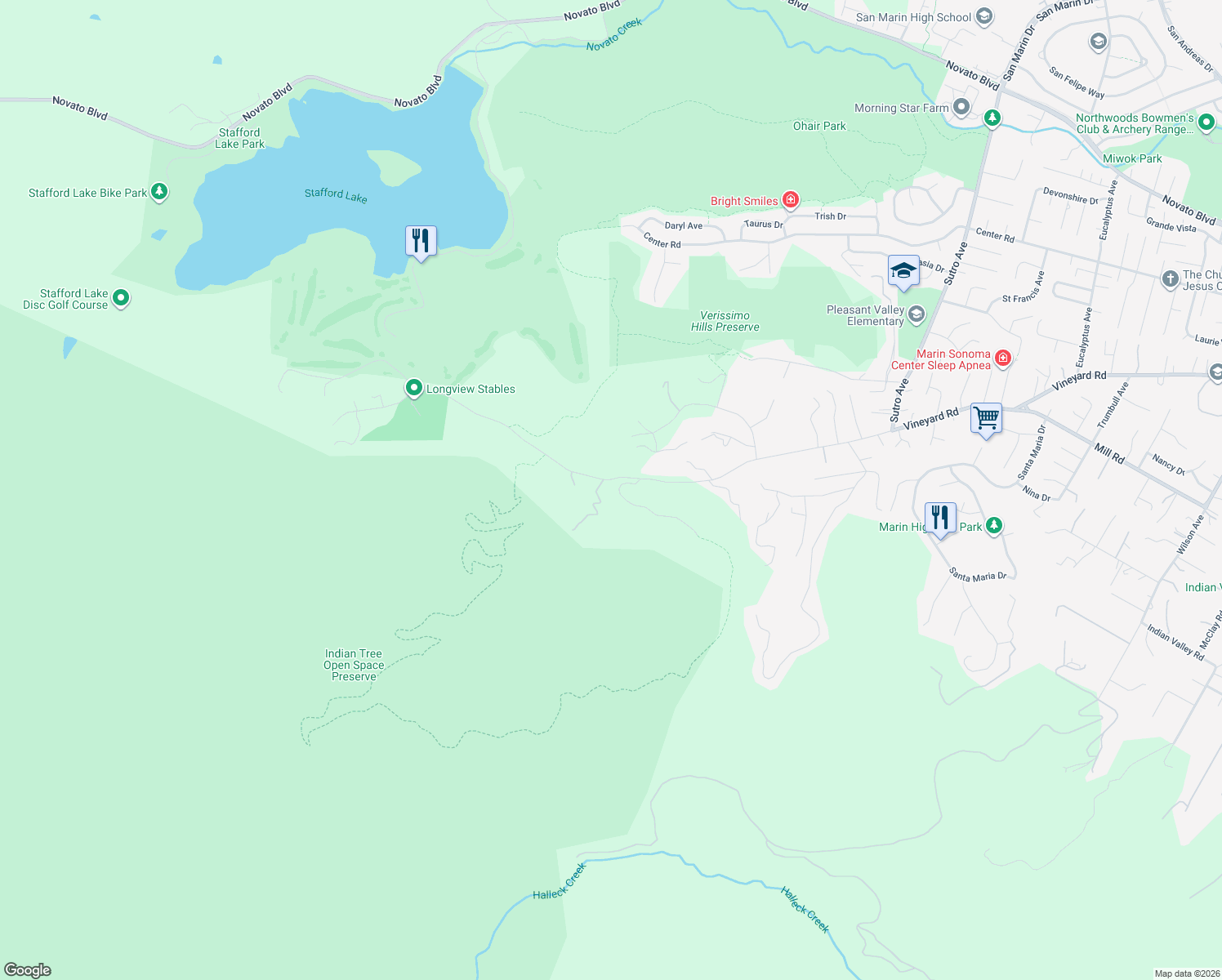map of restaurants, bars, coffee shops, grocery stores, and more near 1 Rebelo Lane in Novato