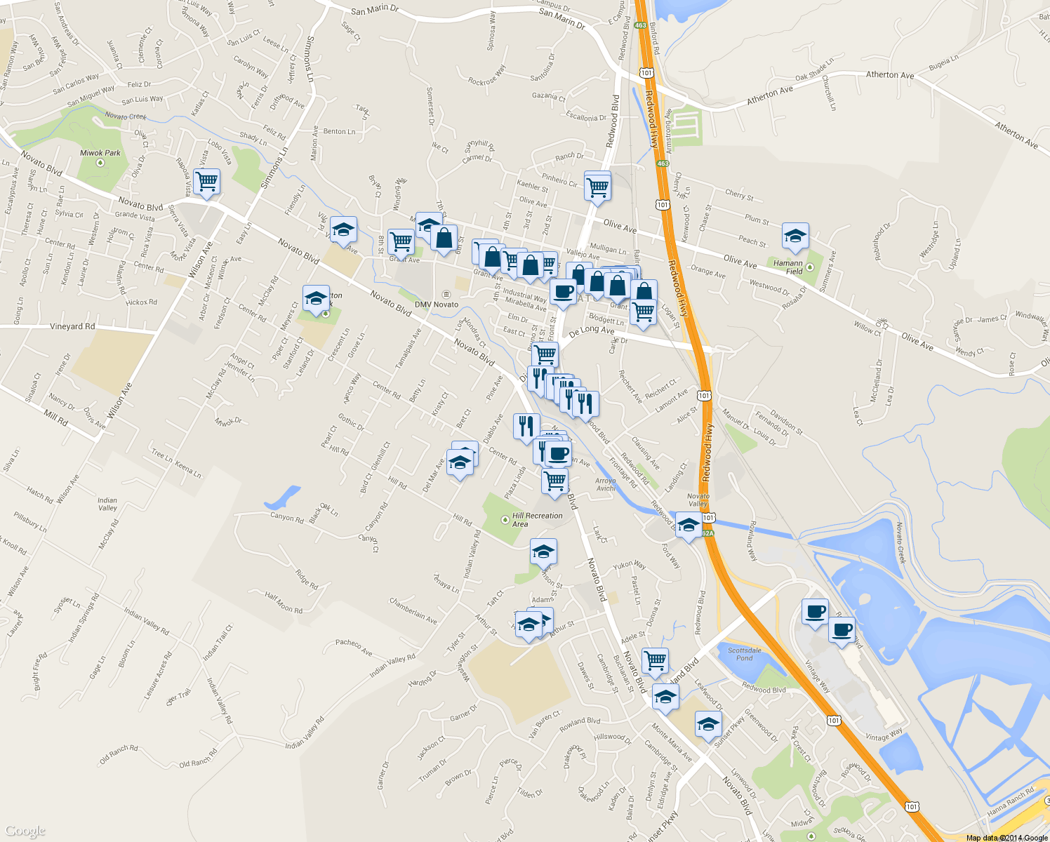 map of restaurants, bars, coffee shops, grocery stores, and more near 1587 South Novato Boulevard in Novato