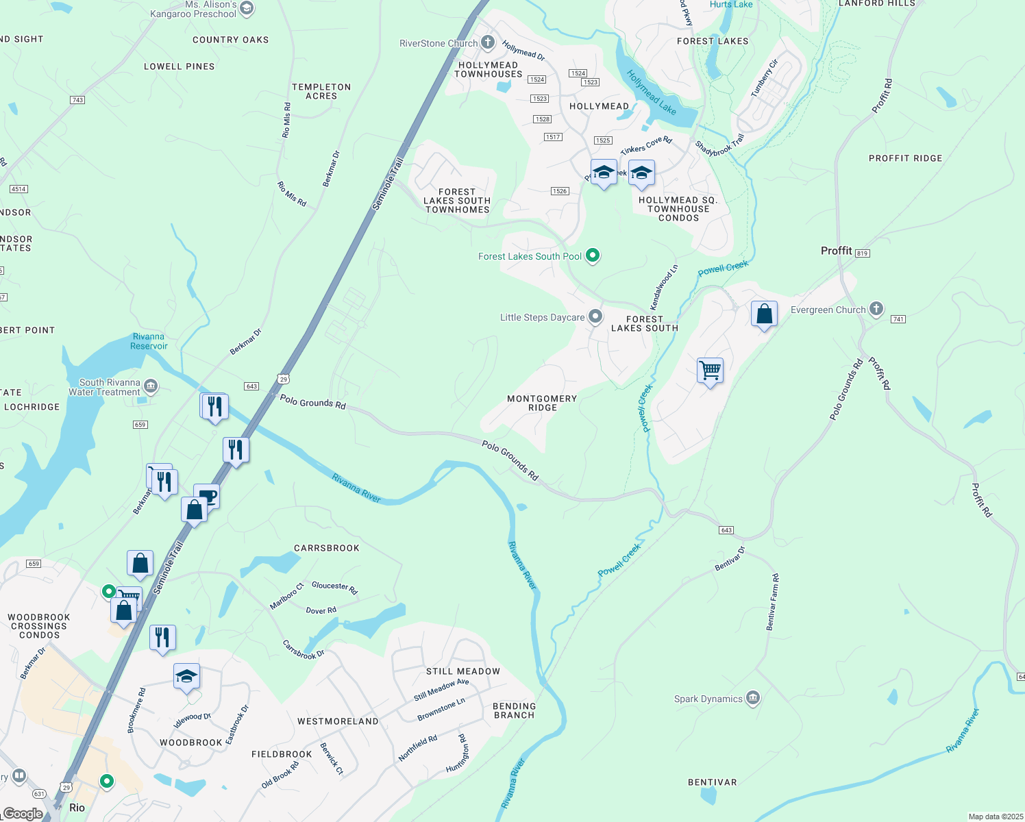 map of restaurants, bars, coffee shops, grocery stores, and more near 1713 Monet Hill in Charlottesville