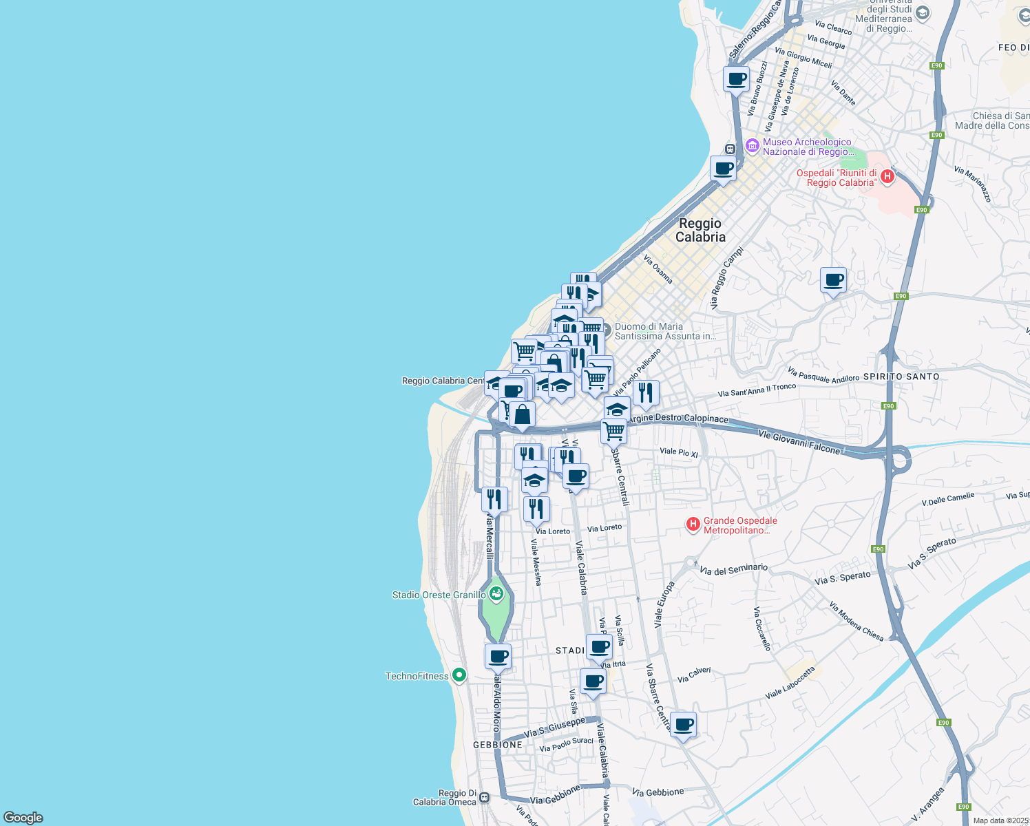map of restaurants, bars, coffee shops, grocery stores, and more near 466 Corso Giuseppe Garibaldi in Reggio Calabria