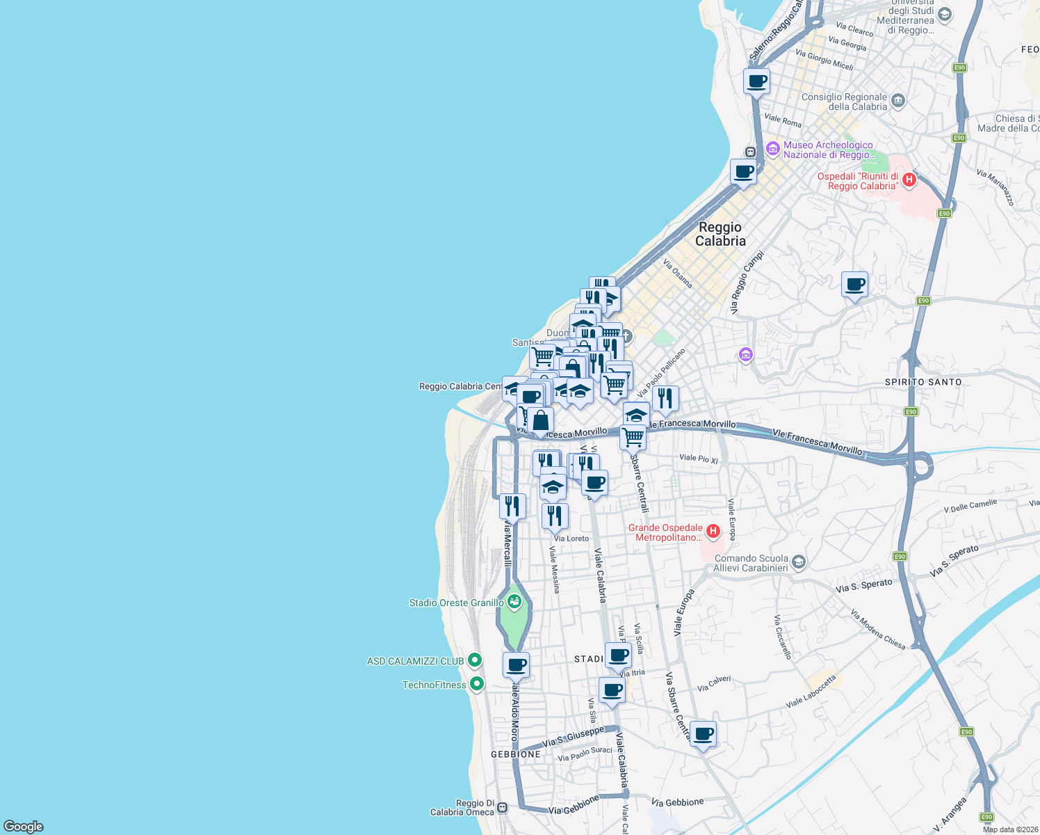 map of restaurants, bars, coffee shops, grocery stores, and more near 466 Corso Garibaldi in Reggio Calabria