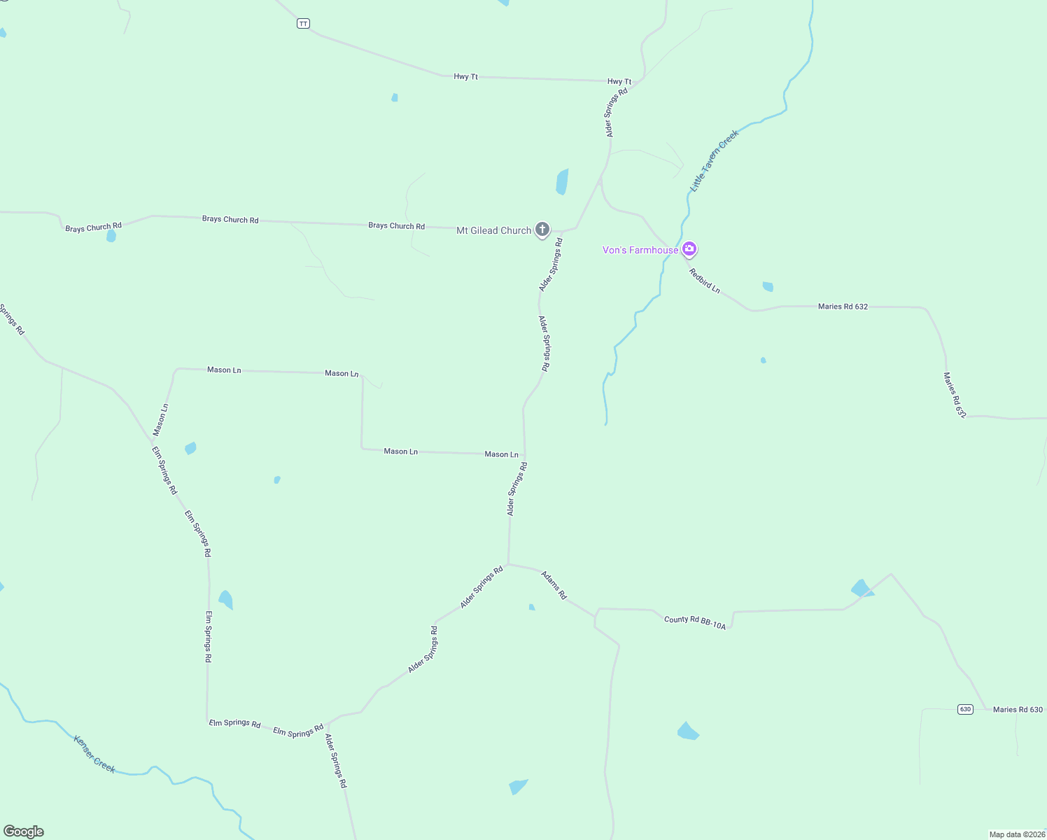map of restaurants, bars, coffee shops, grocery stores, and more near Alder Springs Road in Miller County
