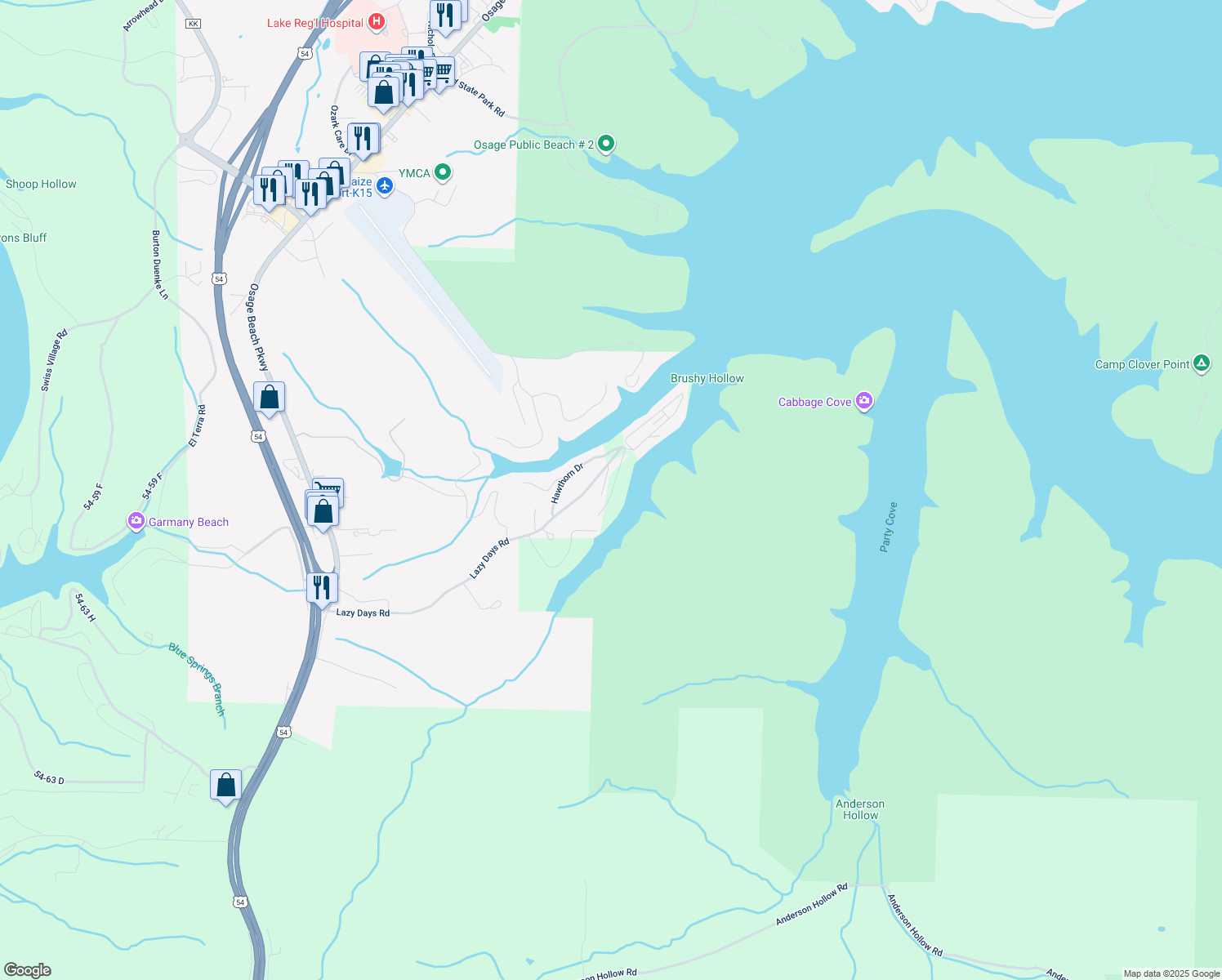 map of restaurants, bars, coffee shops, grocery stores, and more near 5749-5765 Parkview Court in Osage Beach