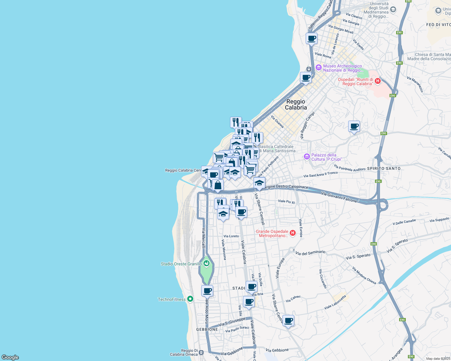 map of restaurants, bars, coffee shops, grocery stores, and more near 92 Via San Francesco da Paola in Reggio Calabria