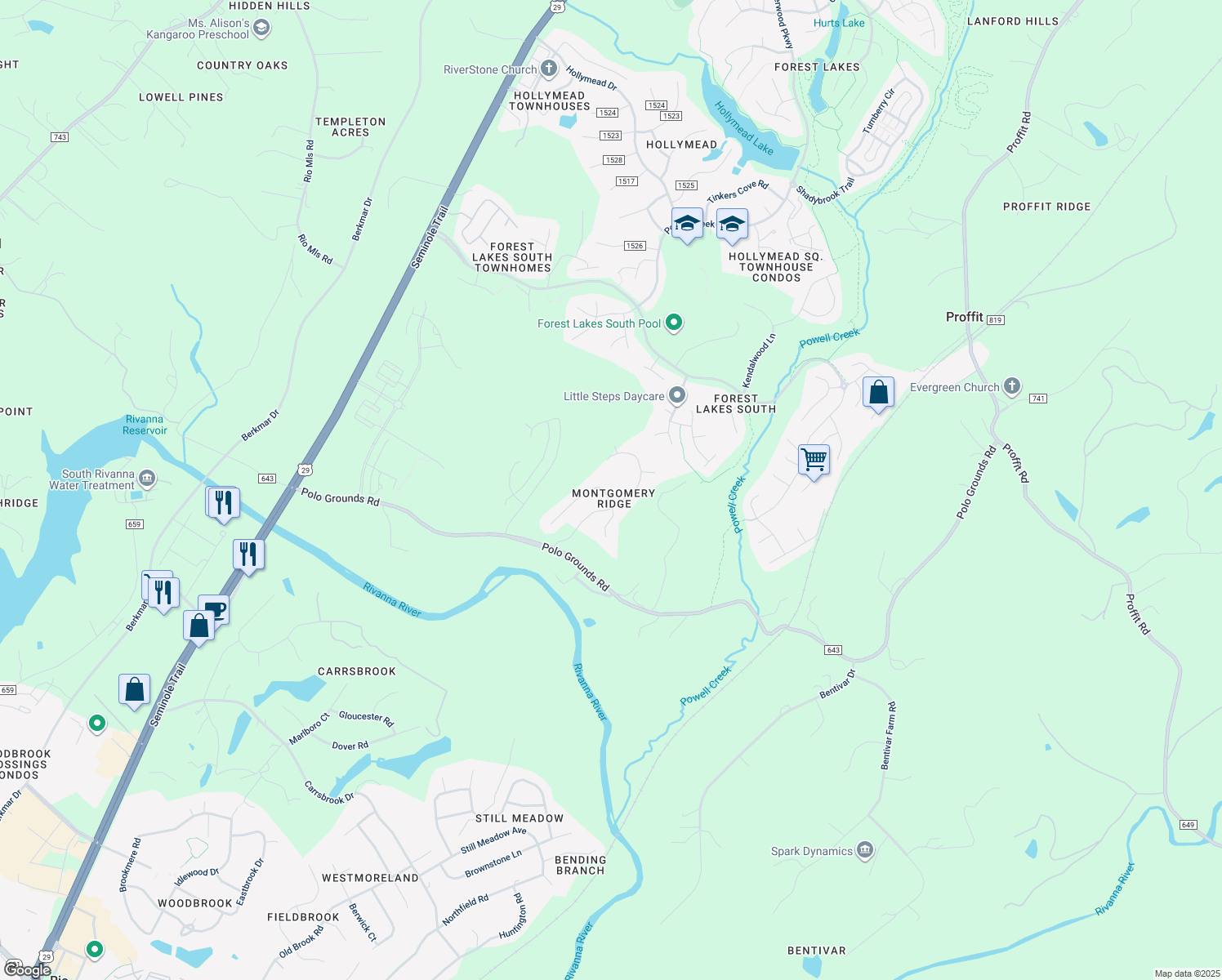 map of restaurants, bars, coffee shops, grocery stores, and more near 1760 Monet Hl in Charlottesville