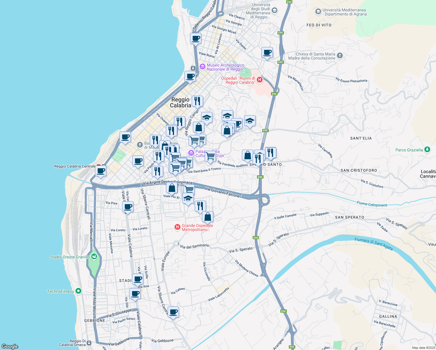 map of restaurants, bars, coffee shops, grocery stores, and more near Sn Via Michele Barillaro in Reggio Calabria