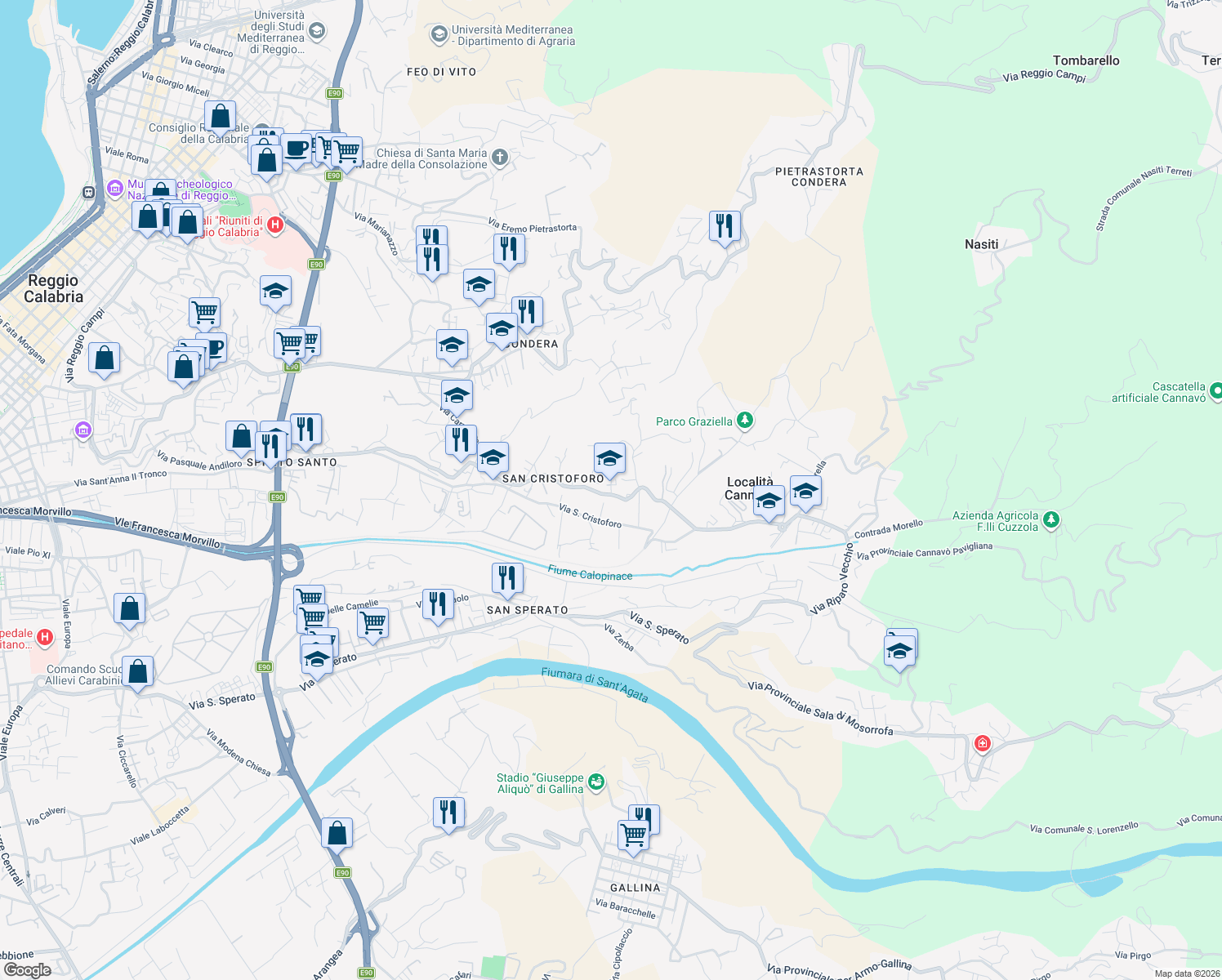 map of restaurants, bars, coffee shops, grocery stores, and more near 1 Via Provinciale Spirito Santo Cannavò Diramazione Mascianà in Reggio Calabria