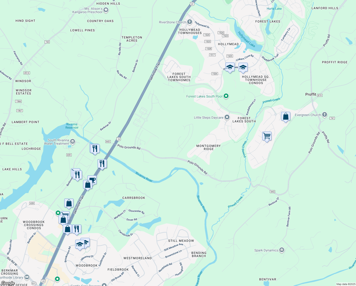 map of restaurants, bars, coffee shops, grocery stores, and more near Sablewood Drive in Hollymead