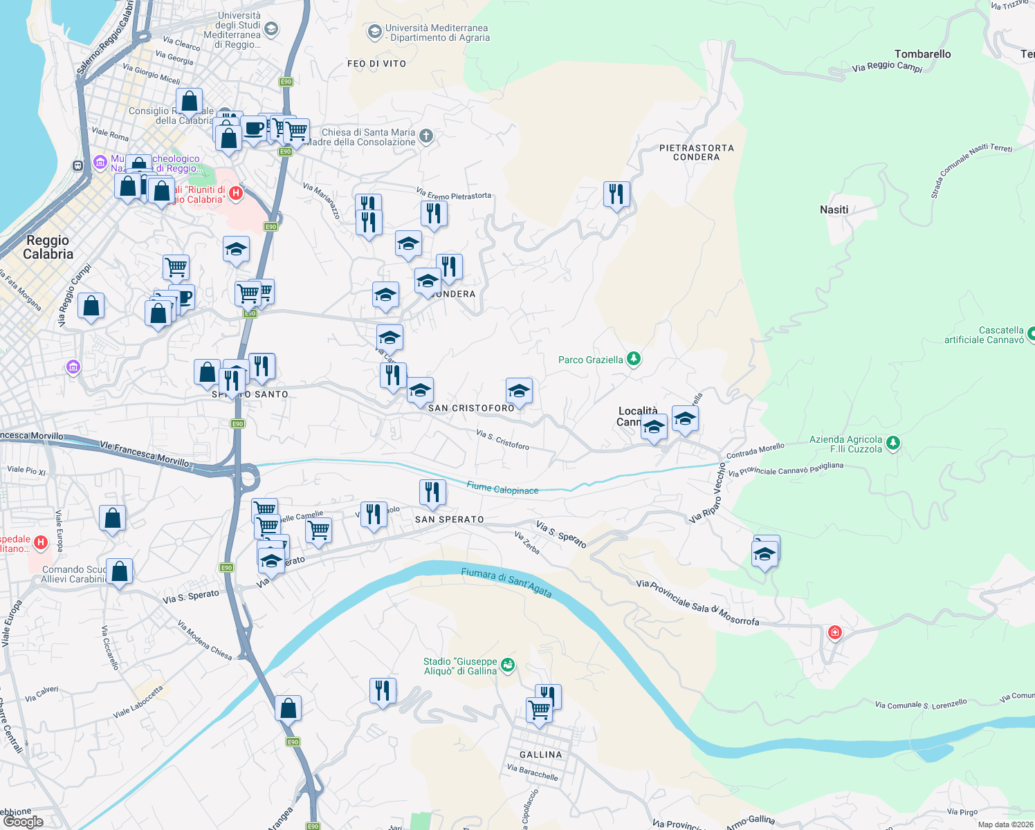 map of restaurants, bars, coffee shops, grocery stores, and more near 1 Via Provinciale Spirito Santo Cannavò Diramazione Mascianà in Reggio Calabria