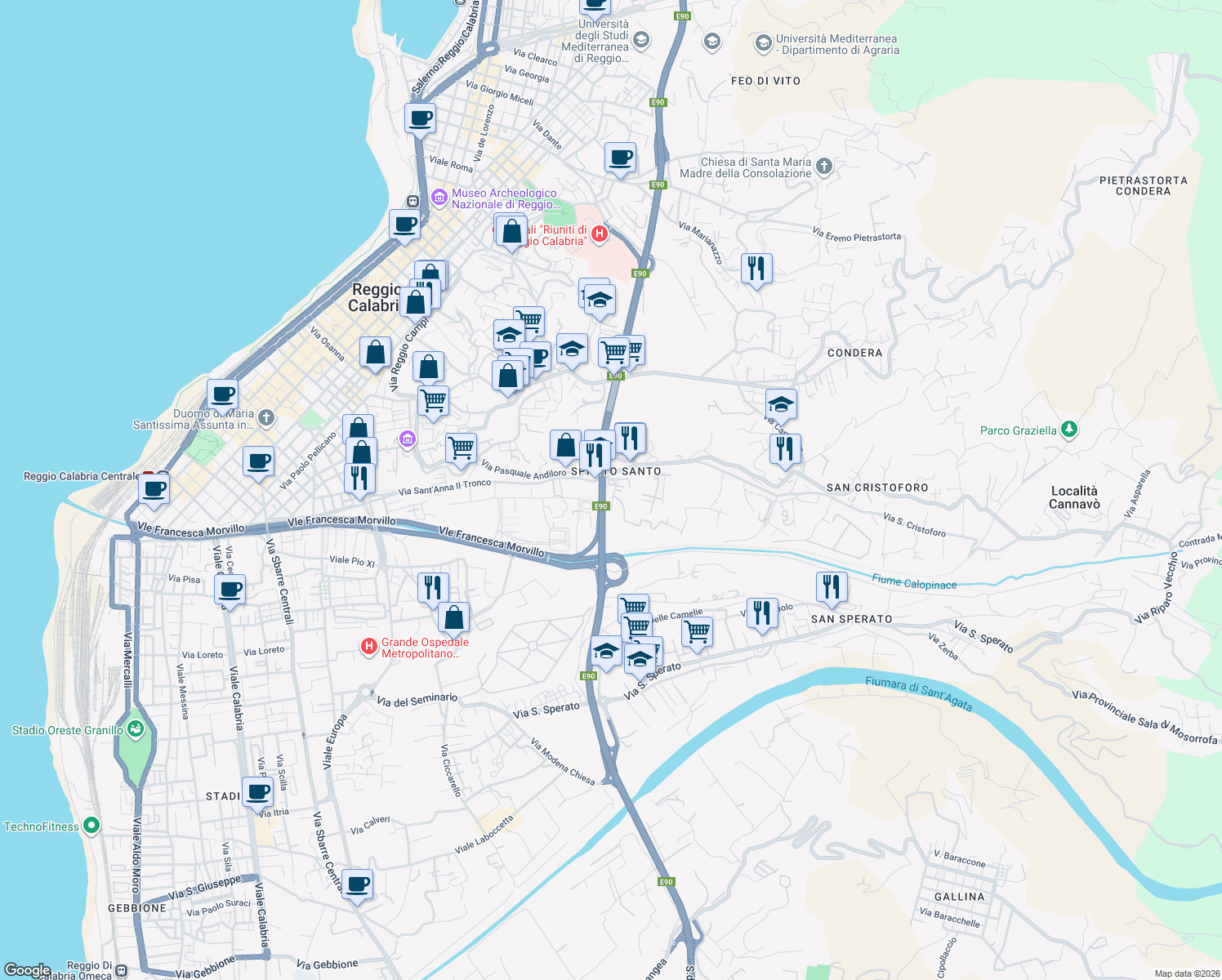 map of restaurants, bars, coffee shops, grocery stores, and more near 36 Via Sant'Anna Secondo Tronco in Reggio Calabria
