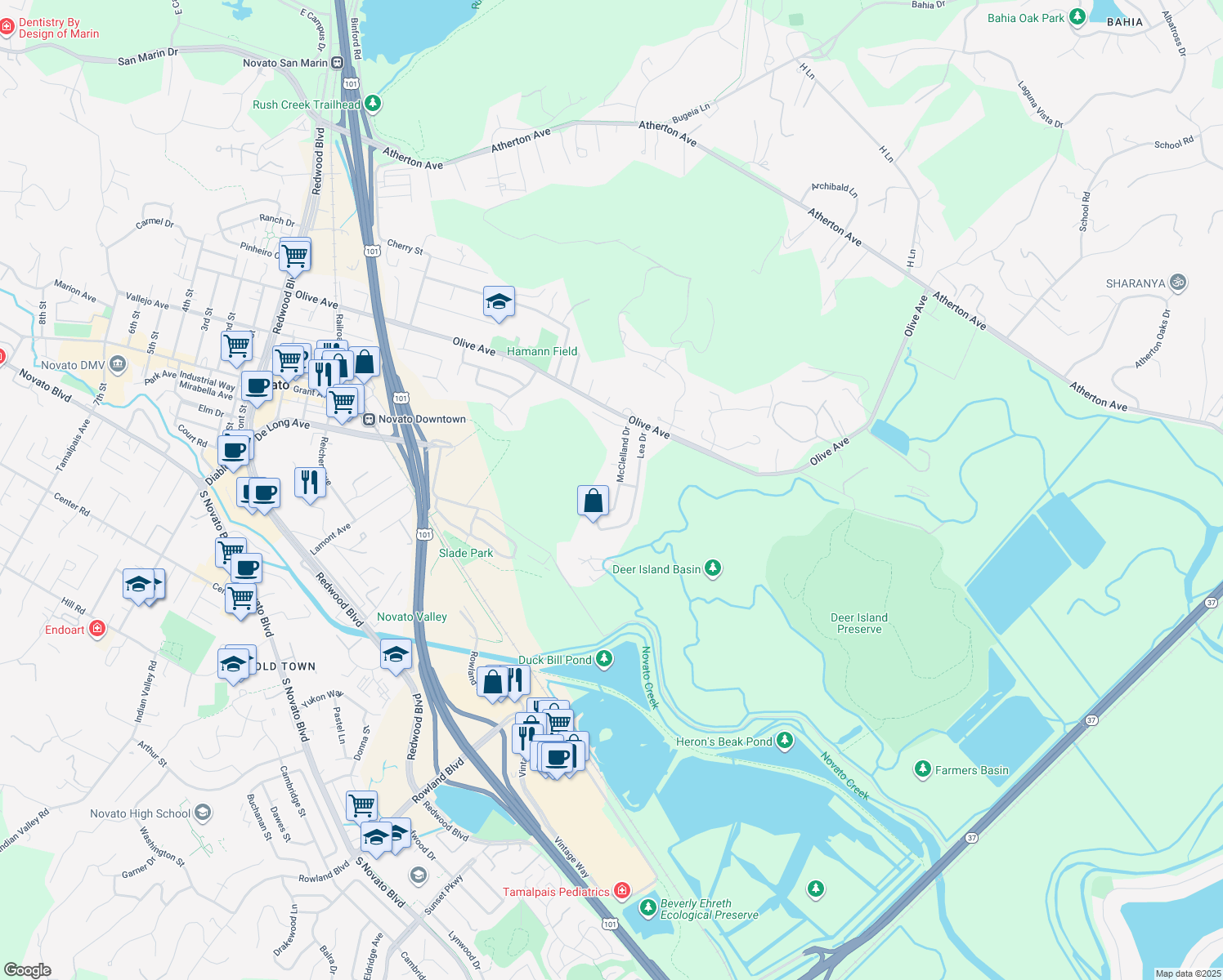 map of restaurants, bars, coffee shops, grocery stores, and more near 1154 McClelland Drive in Novato