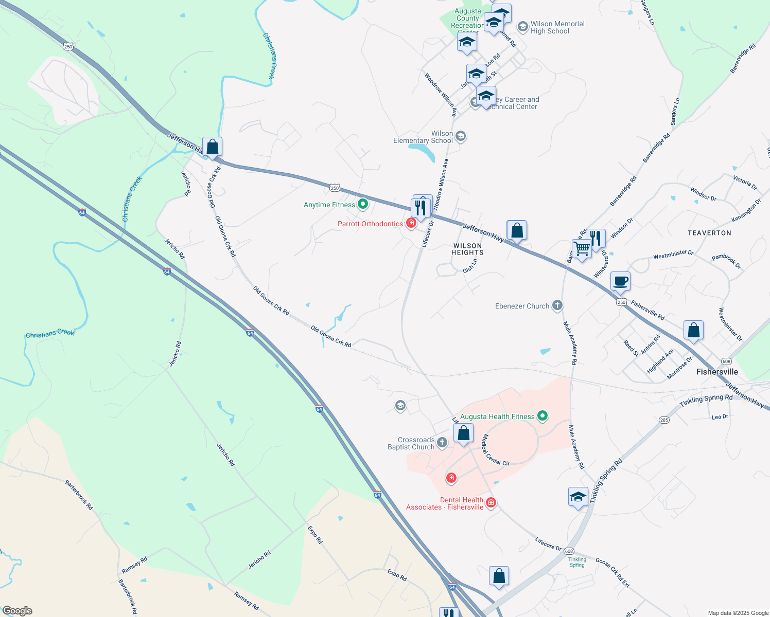map of restaurants, bars, coffee shops, grocery stores, and more near 2 Old Oaks Drive in Staunton