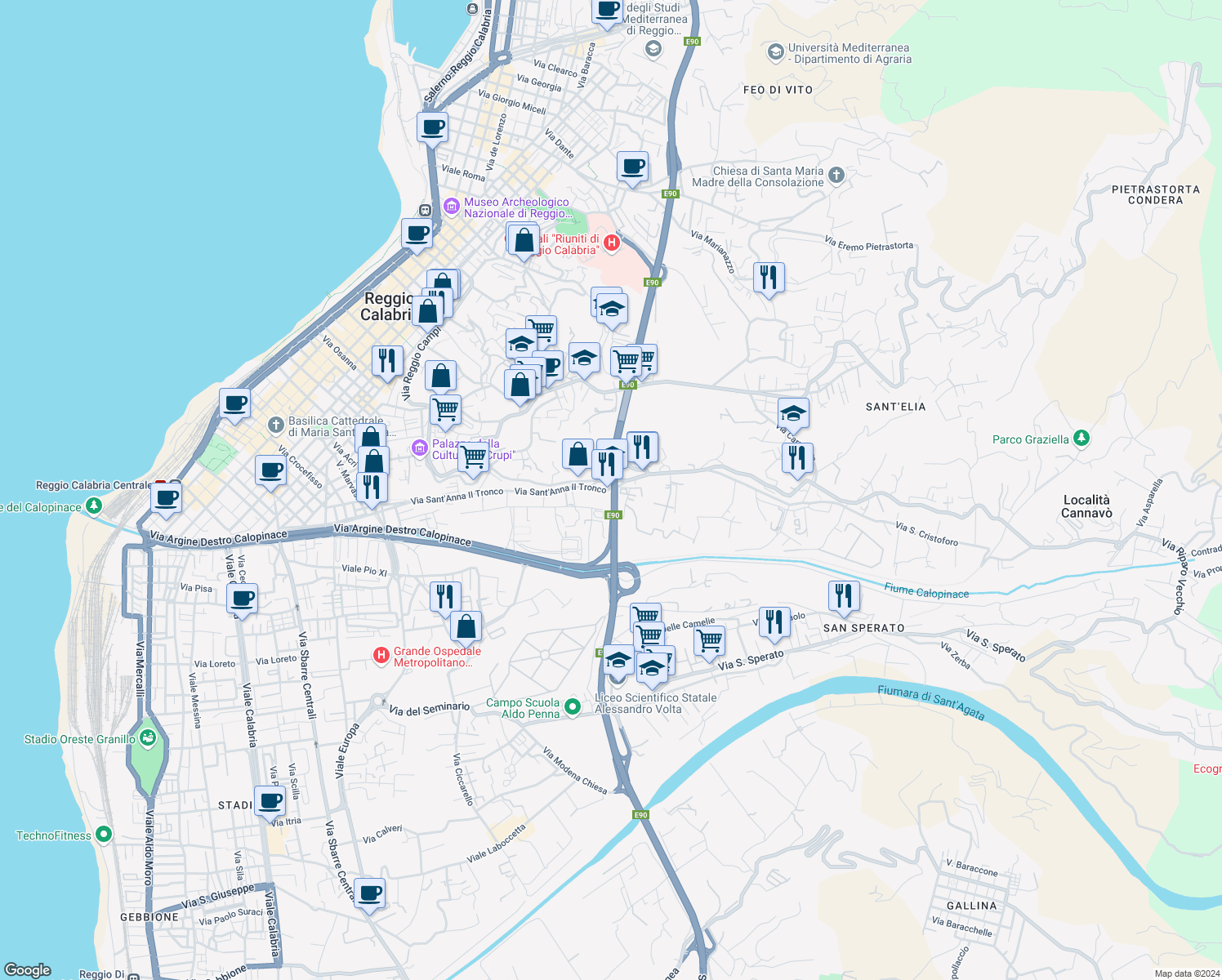 map of restaurants, bars, coffee shops, grocery stores, and more near 36 Viale Calabria in Reggio Calabria