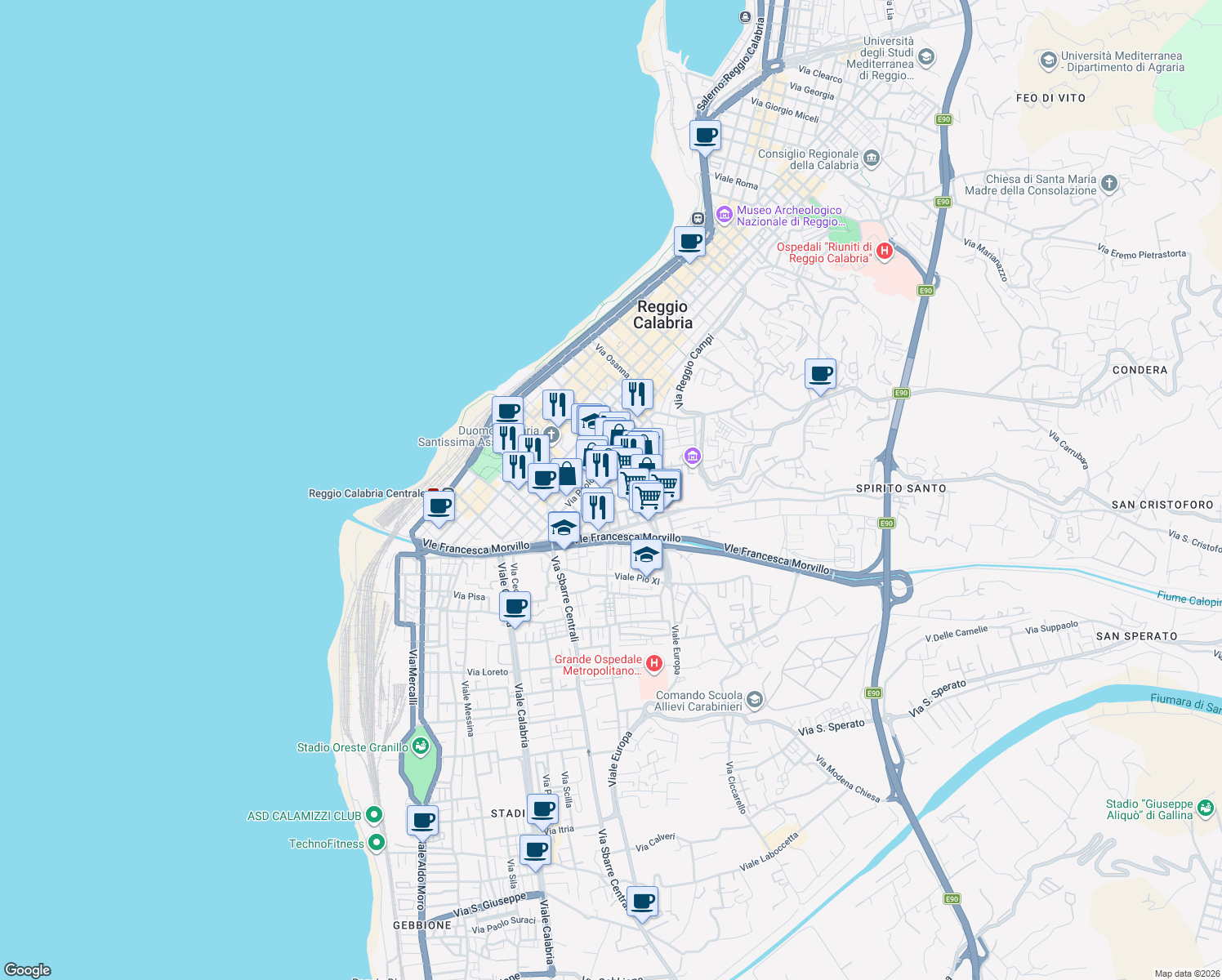 map of restaurants, bars, coffee shops, grocery stores, and more near 3h Via Giannangelo Spagnolio in Reggio Calabria
