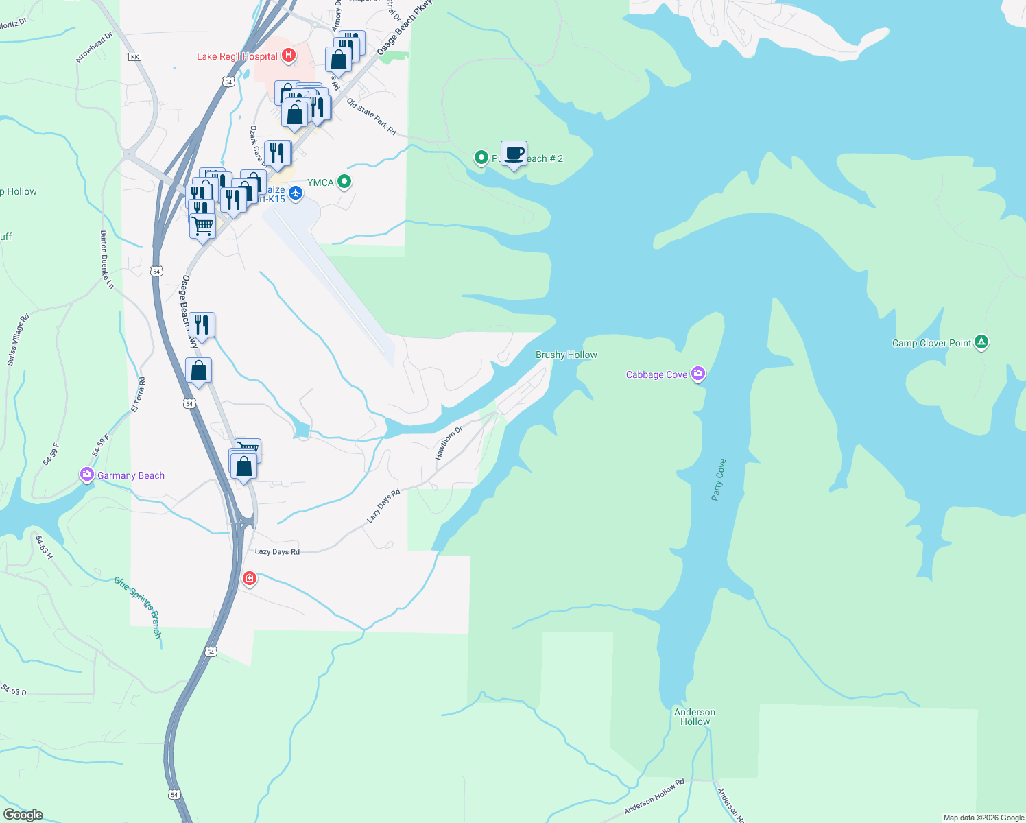map of restaurants, bars, coffee shops, grocery stores, and more near 611 Lazy Days Road in Osage Beach