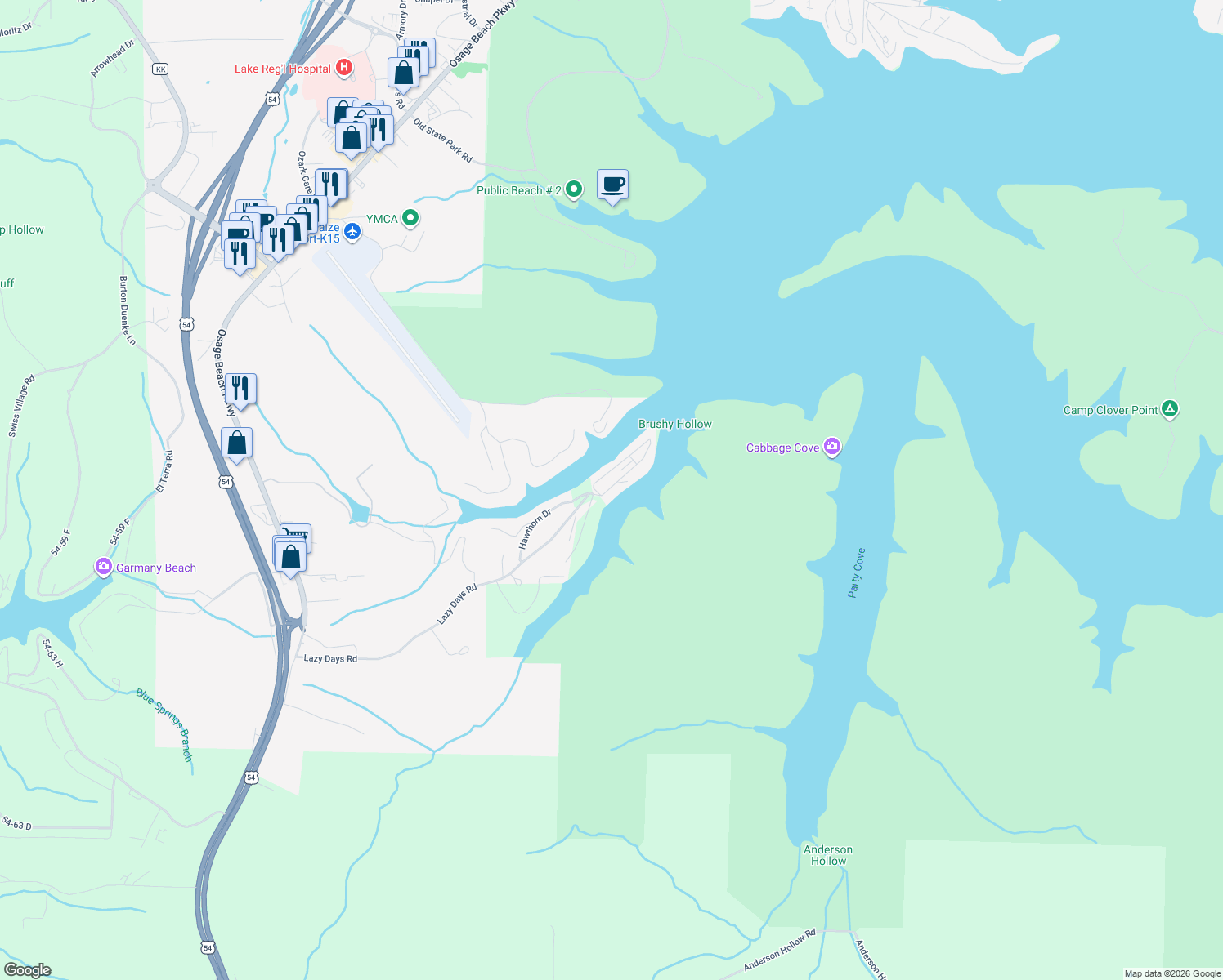 map of restaurants, bars, coffee shops, grocery stores, and more near 611 Lazy Days Road in Osage Beach