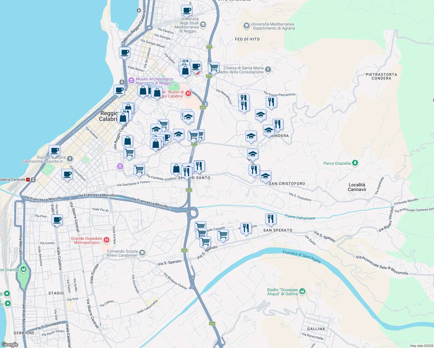 map of restaurants, bars, coffee shops, grocery stores, and more near in Reggio Calabria