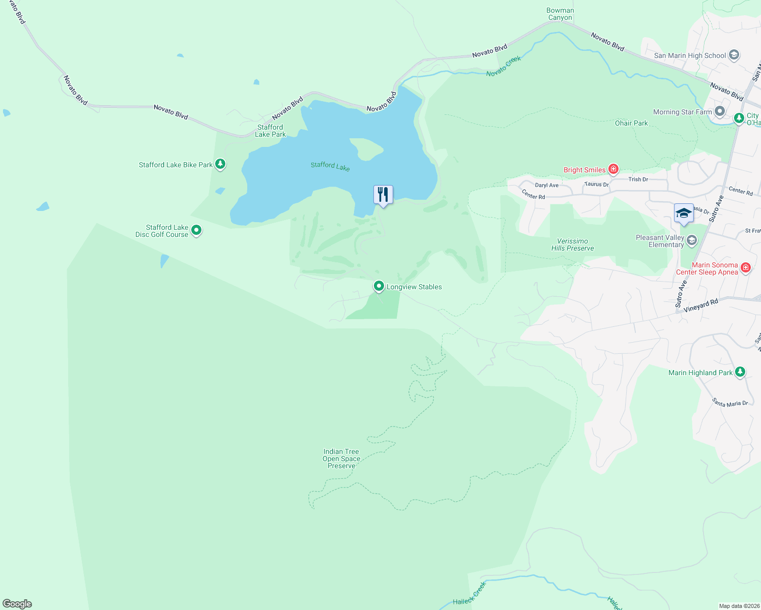 map of restaurants, bars, coffee shops, grocery stores, and more near 3777 Vineyard Road in Novato