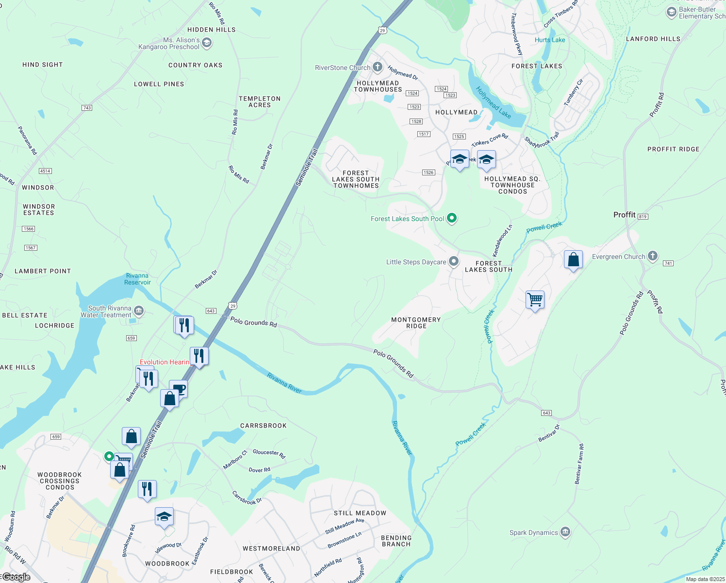 map of restaurants, bars, coffee shops, grocery stores, and more near Marcella Street in Hollymead